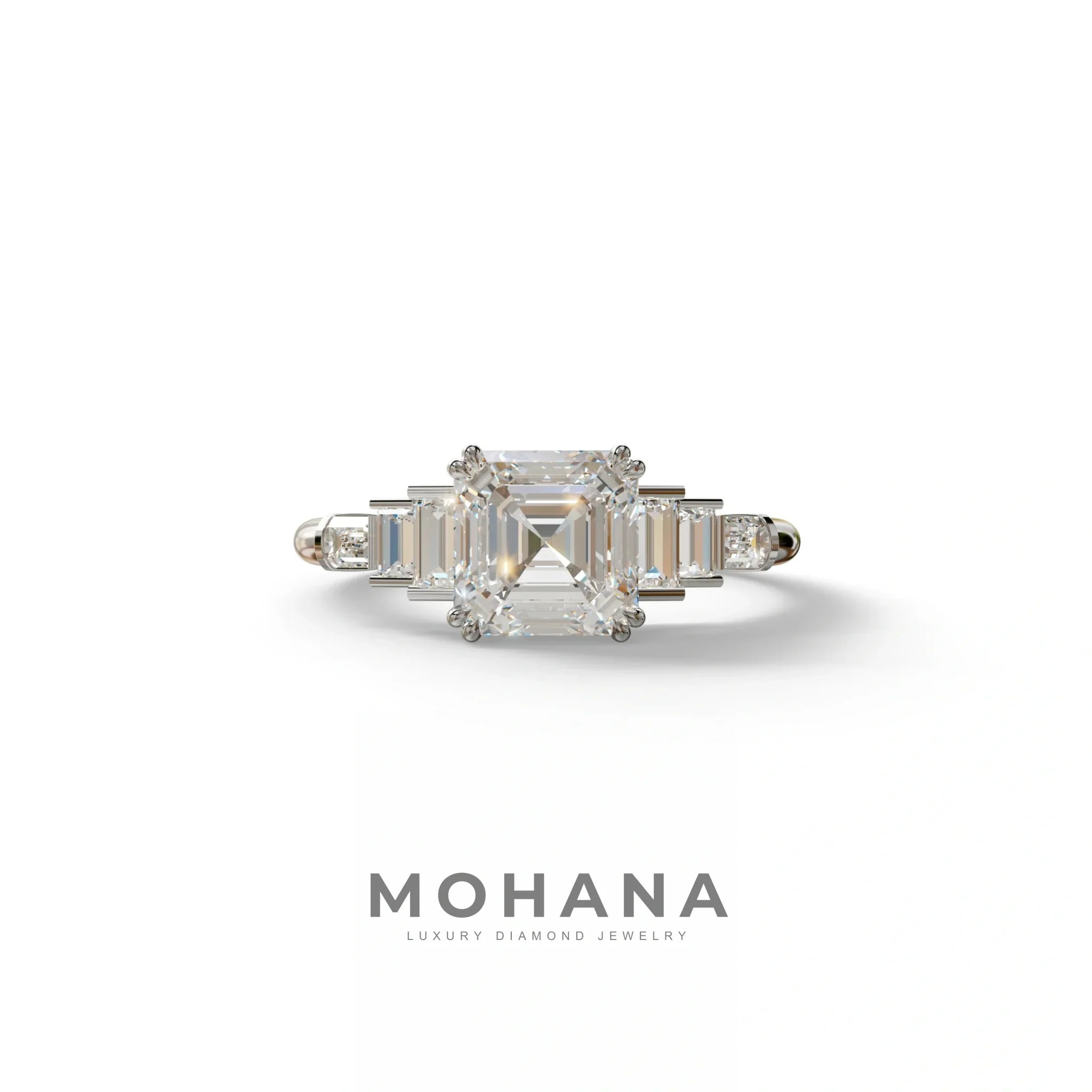 3 Carat E-VVS Asscher Three Stone Lab grown Diamond Ring - Vetra - 10K Solid Gold / White Gold