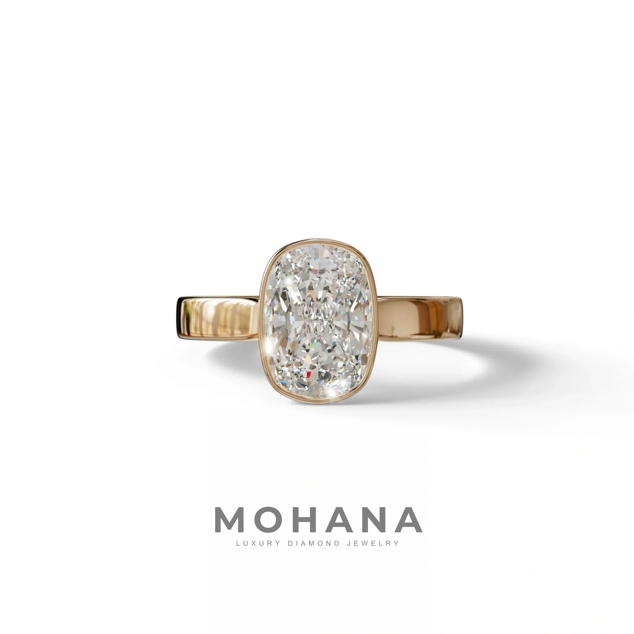 3 Carat E VVS Elongated Cushion Cut Bezel Set Engagement Ring - Astrae - 10K Solid Gold / Rose Gold