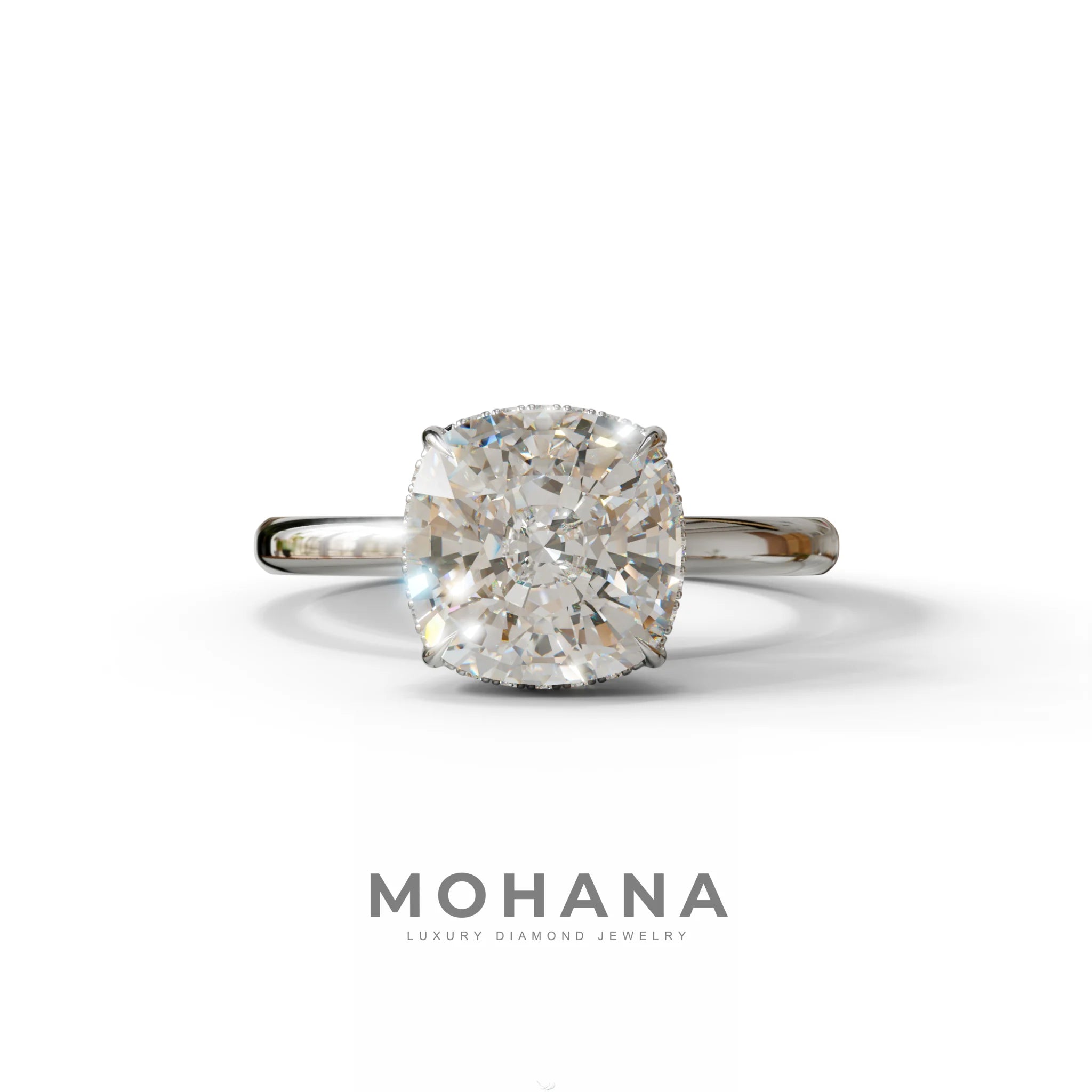 3 Carat E VVS Cushion Lab Diamond Hidden Halo Ring - 10K Solid Gold / White Gold