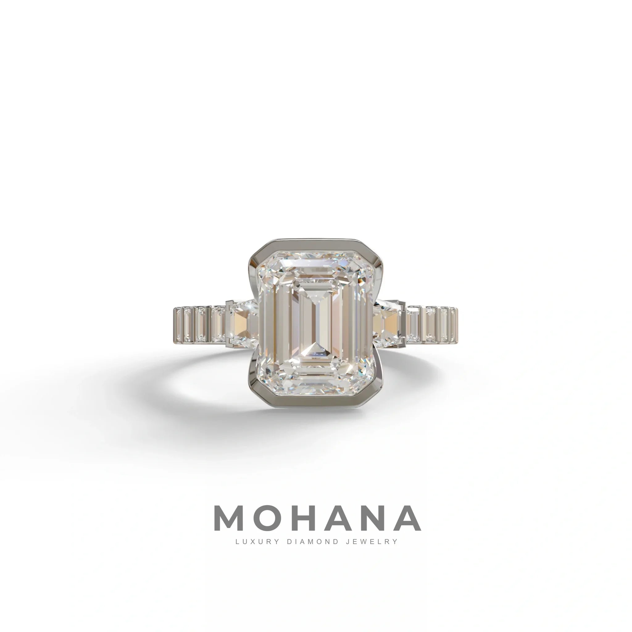3 Carat Emerald Cut Lab Diamond Engagement Ring | Half Bezel set- Gatsby - 10K Solid Gold / White Gold
