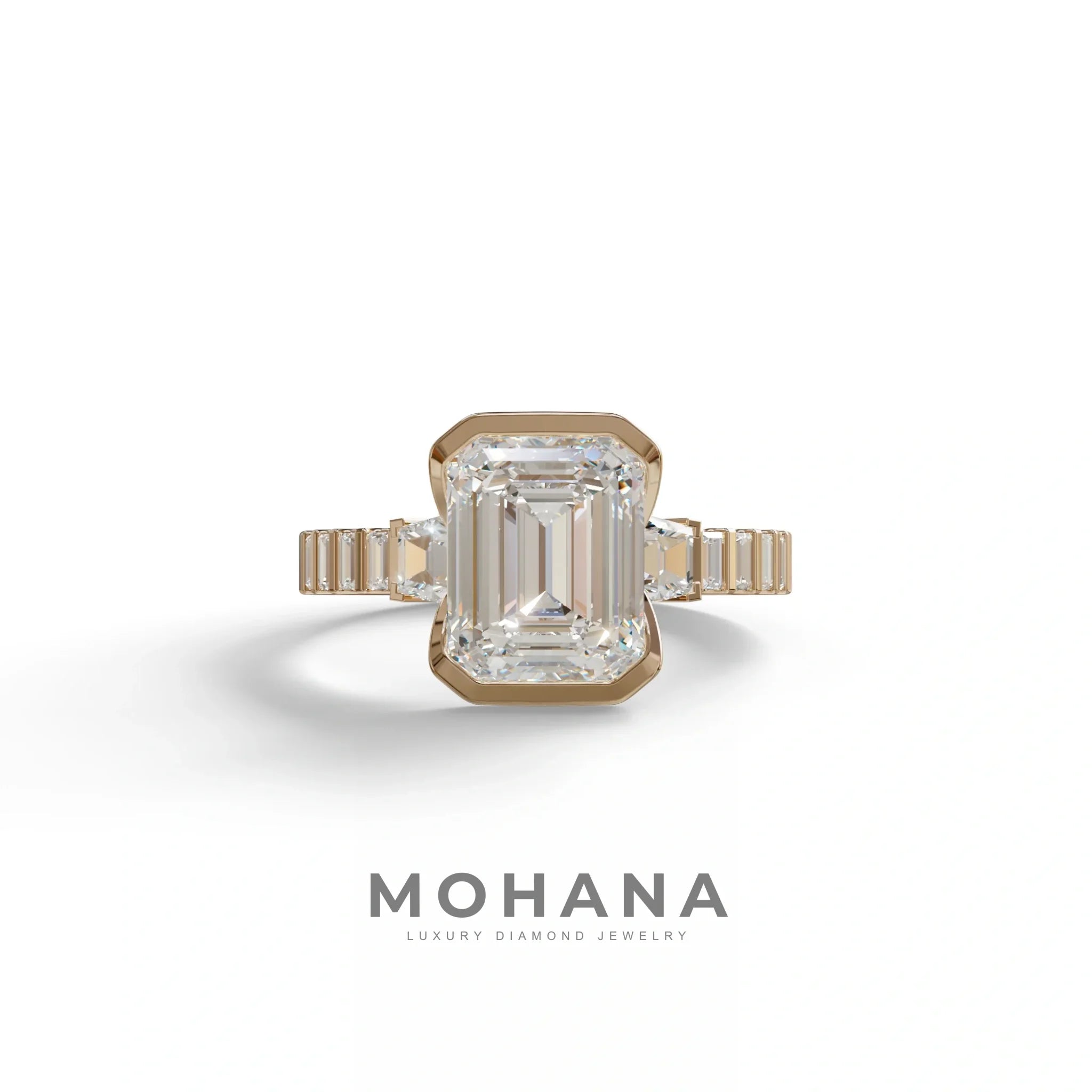 3 Carat Emerald Cut Lab Diamond Engagement Ring | Half Bezel set- Gatsby - 10K Solid Gold / Rose Gold
