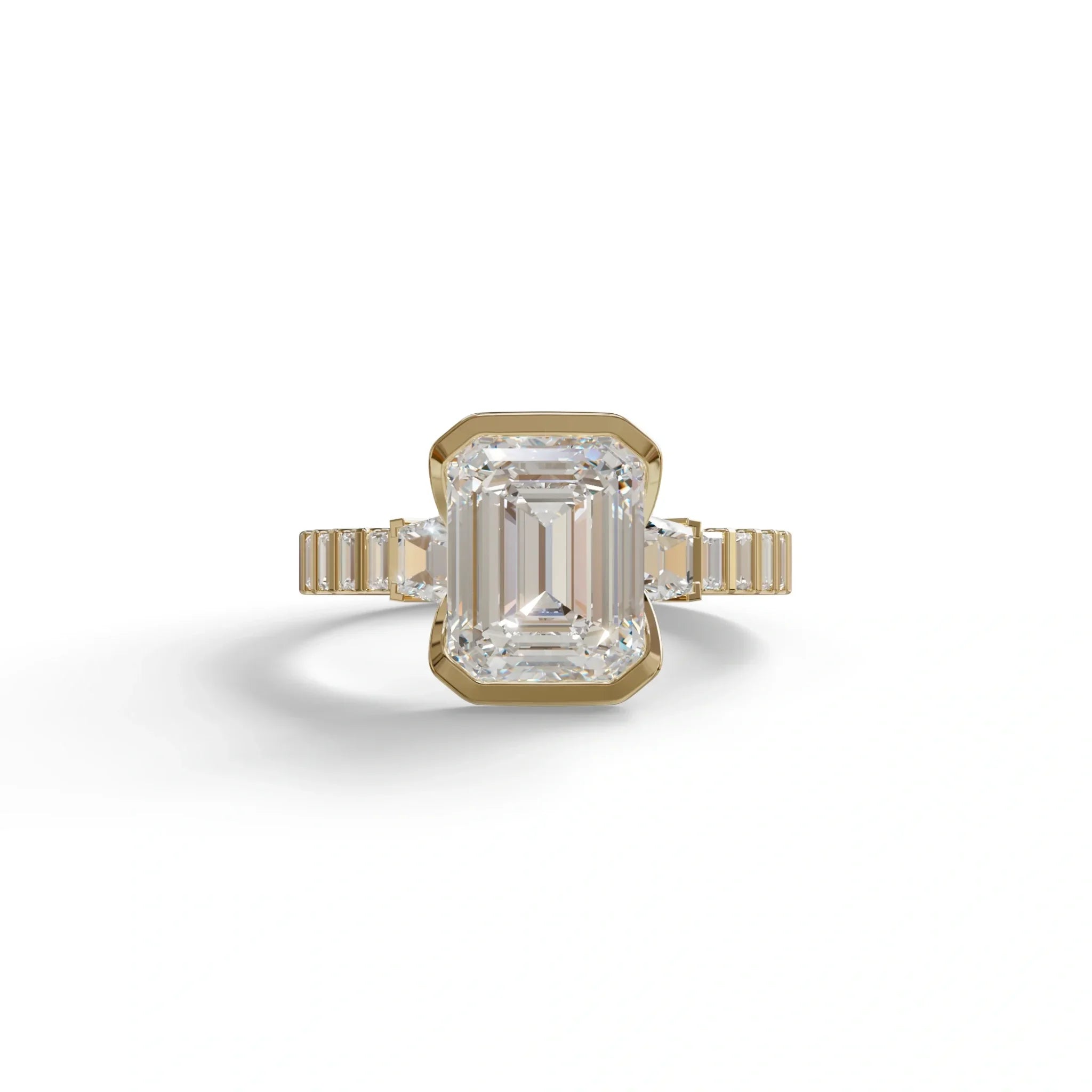 3 Carat Emerald Cut Lab Diamond Engagement Ring | Half Bezel set- Gatsby - 10K Solid Gold / Yellow Gold