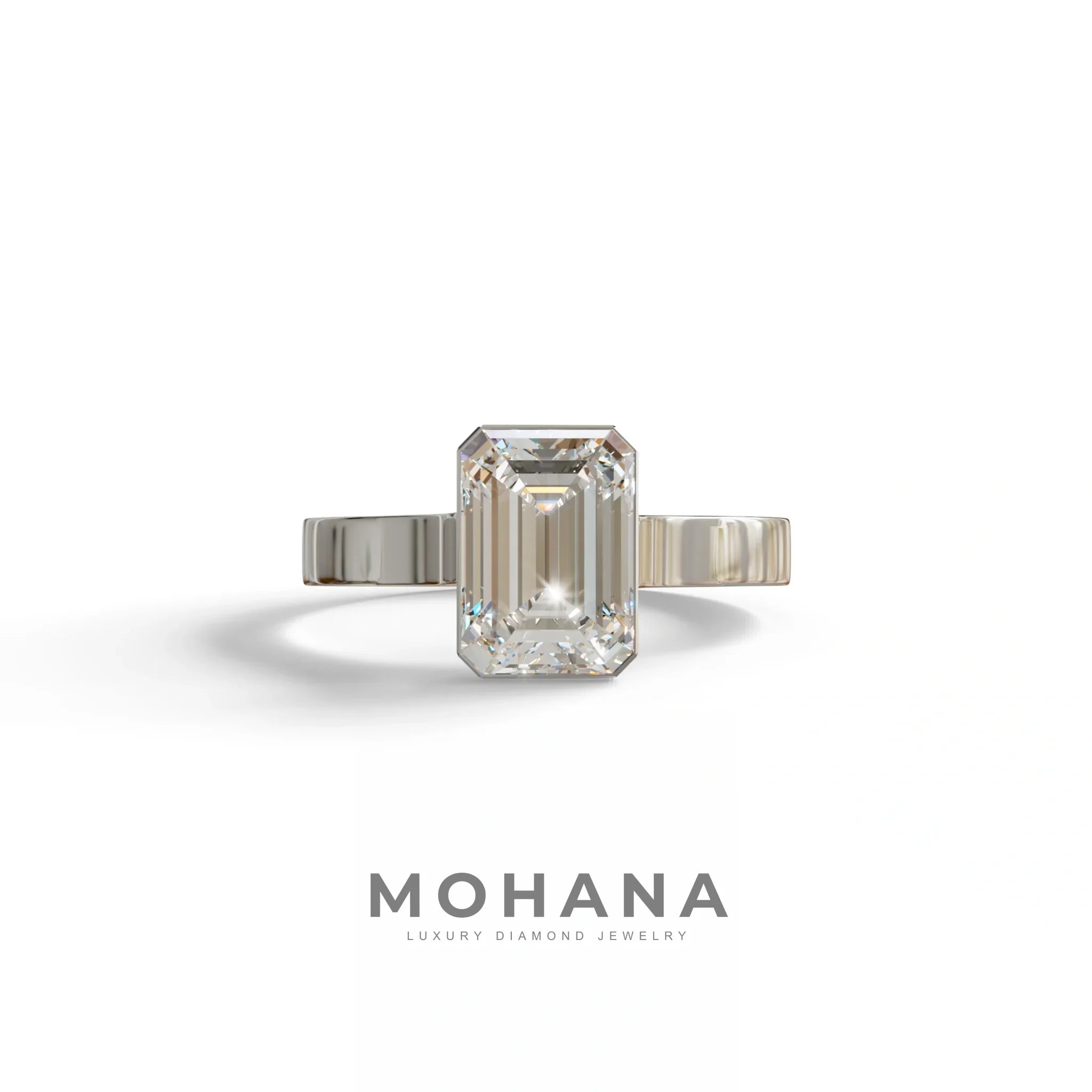 3 Carat bezel Set Emerald cut Lab Grown Diamond Solitaire Engagement Ring - Zelora - 10K Solid Gold / White Gold