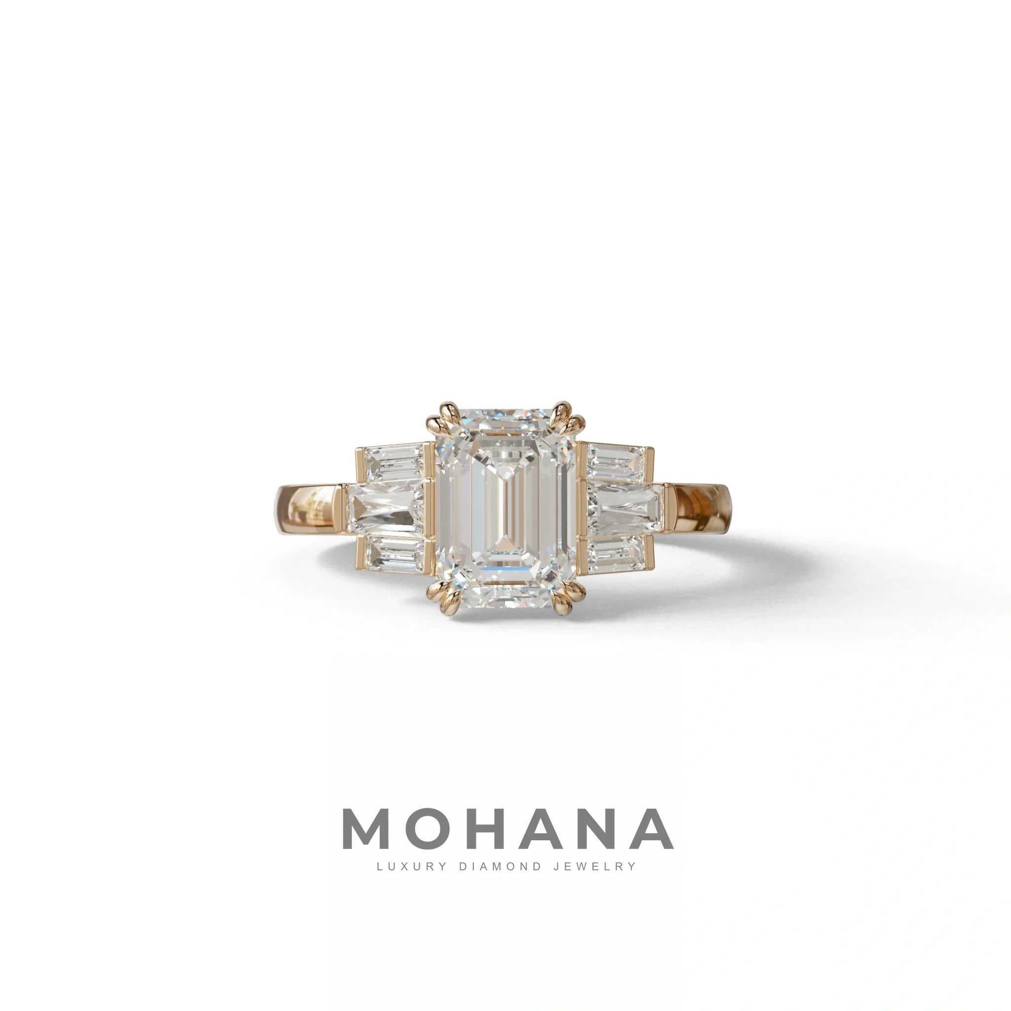 3 Carat Emerald Cut Lab Grown Diamond Engagement Ring - Leela - 10K Solid Gold / Rose Gold