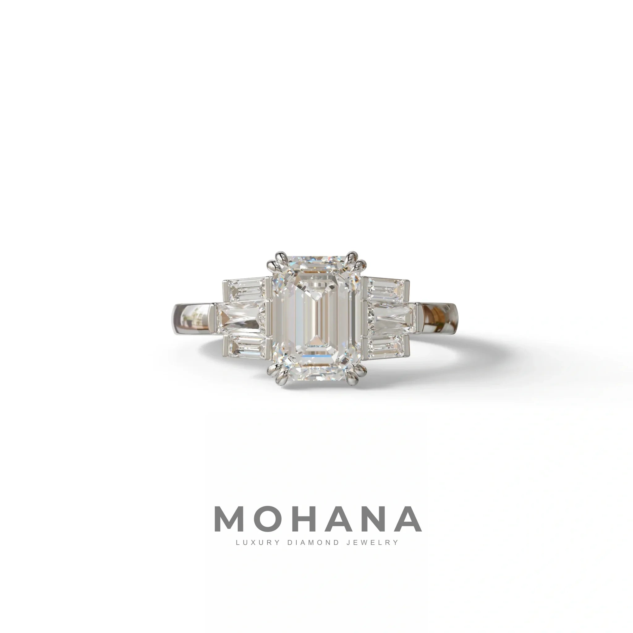 3 Carat Emerald Cut Lab Grown Diamond Engagement Ring - Leela - 10K Solid Gold / White Gold
