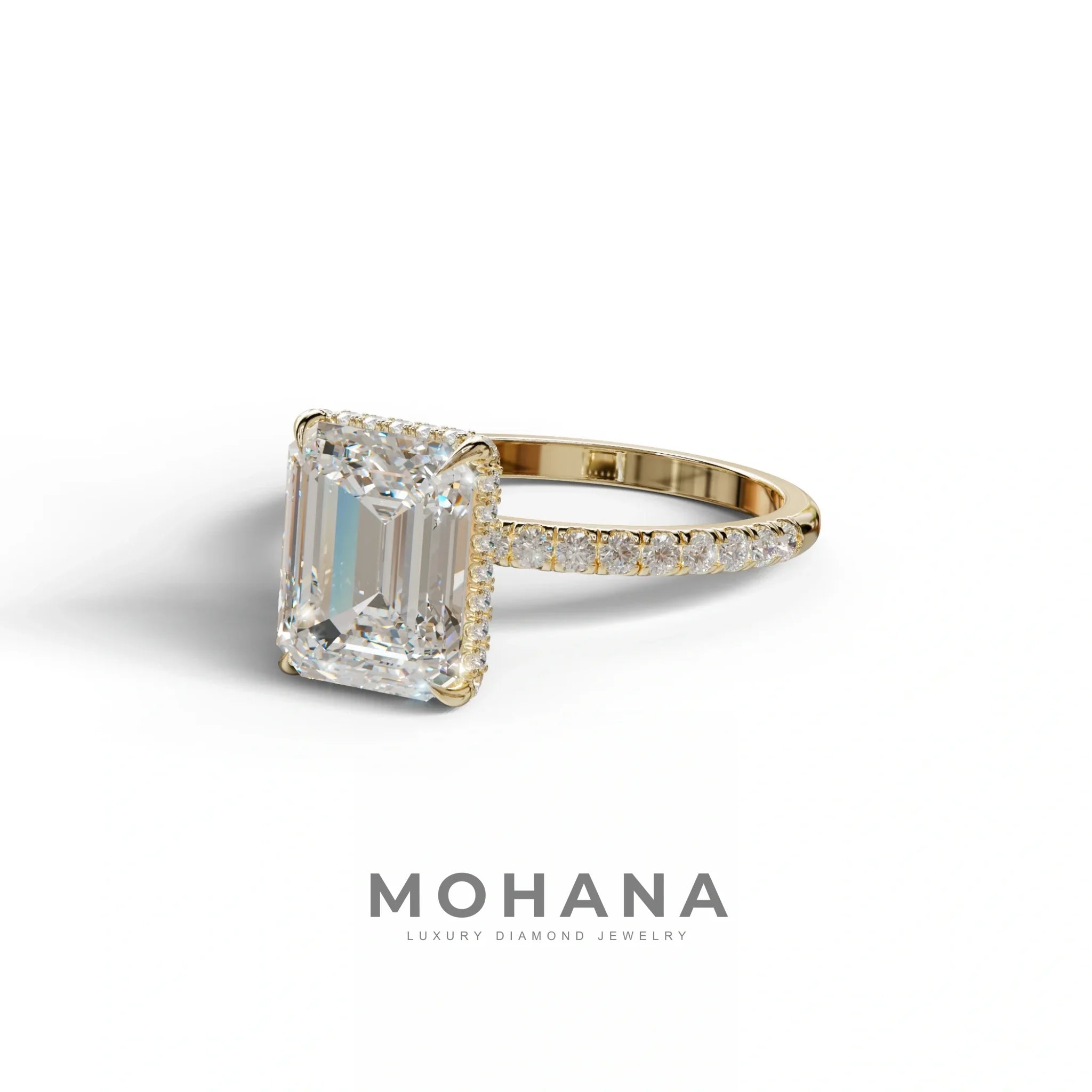 3 Carat E-VVS Emerald Cut Lab Diamond In Hidden Halo & Pave Setting Ring