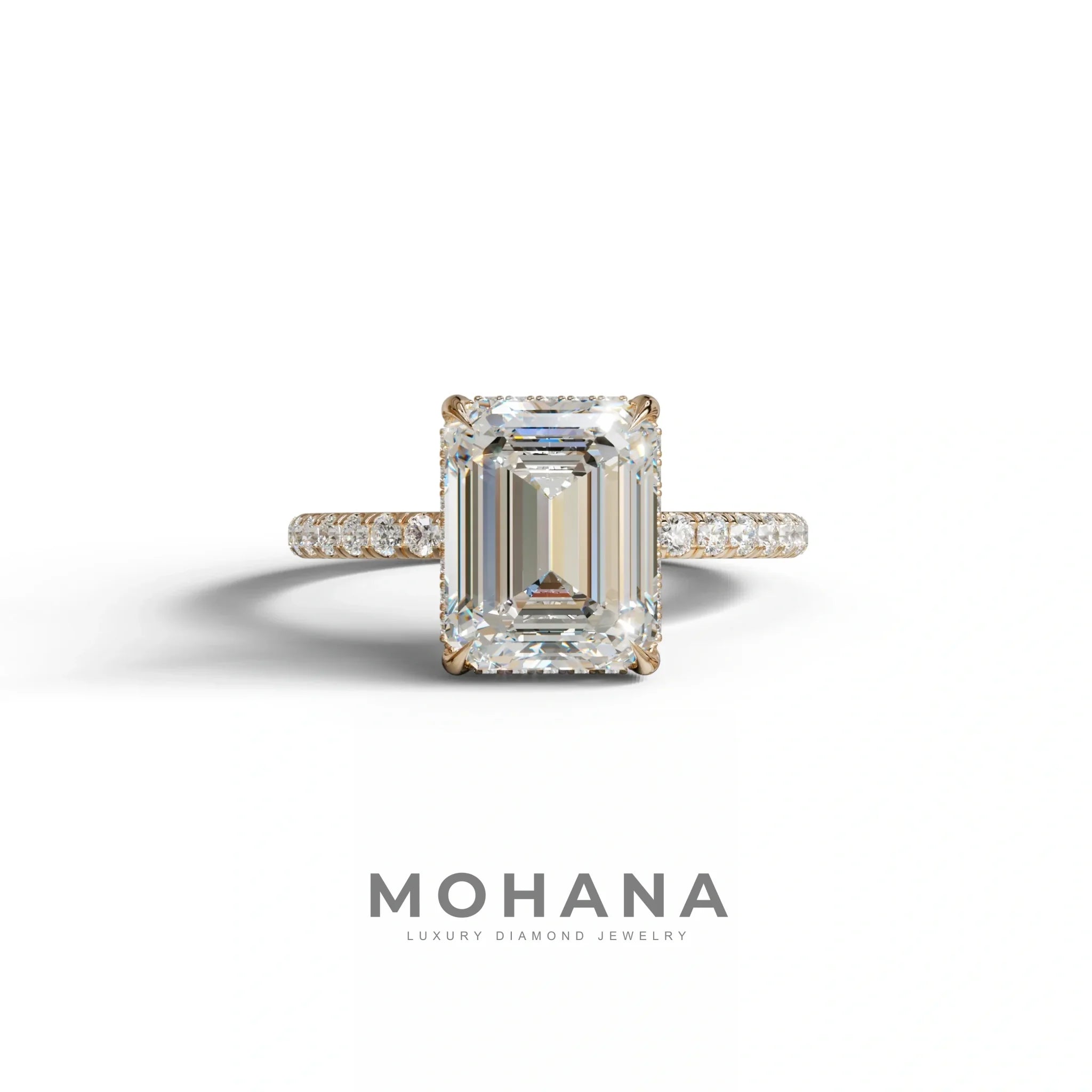 3 Carat E-VVS Emerald Cut Lab Diamond In Hidden Halo & Pave Setting Ring - 10K Solid Gold / Rose Gold