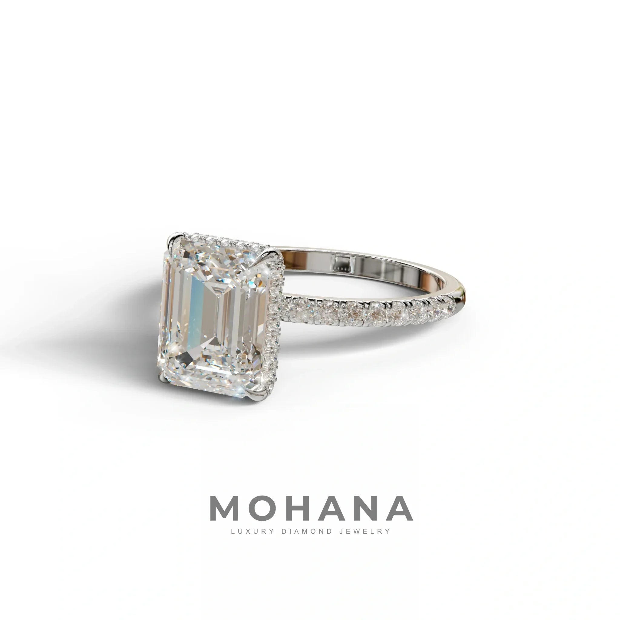3 Carat E-VVS Emerald Cut Lab Diamond In Hidden Halo & Pave Setting Ring