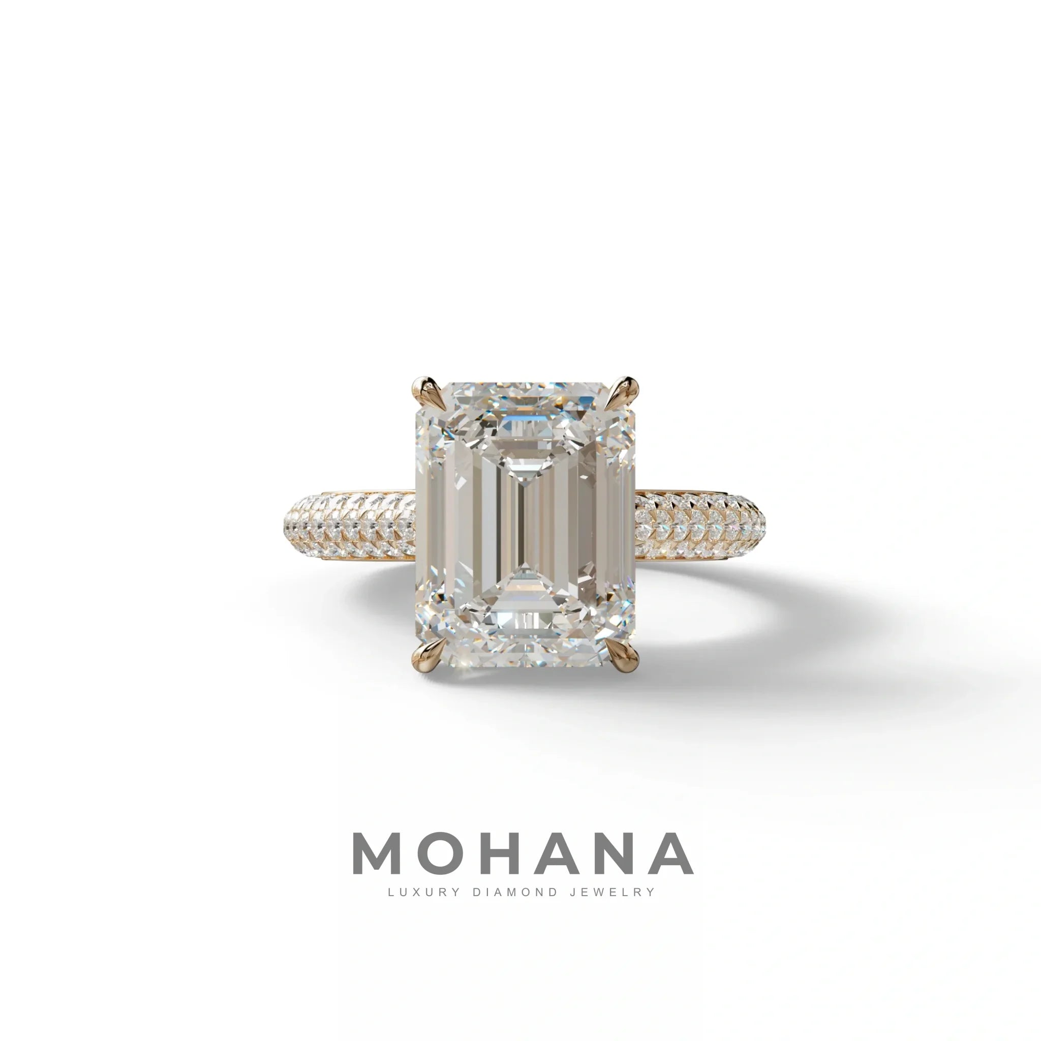 3 Carat Emerald Cut Hidden Halo & Pave Set Lab Diamond Ring - Emme - 10K Solid Gold / Rose Gold