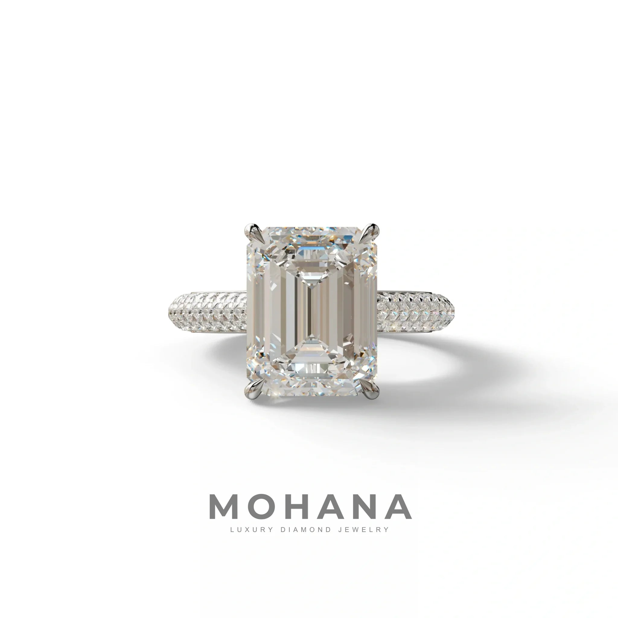 3 Carat Emerald Cut Hidden Halo & Pave Set Lab Diamond Ring - Emme - 10K Solid Gold / White Gold