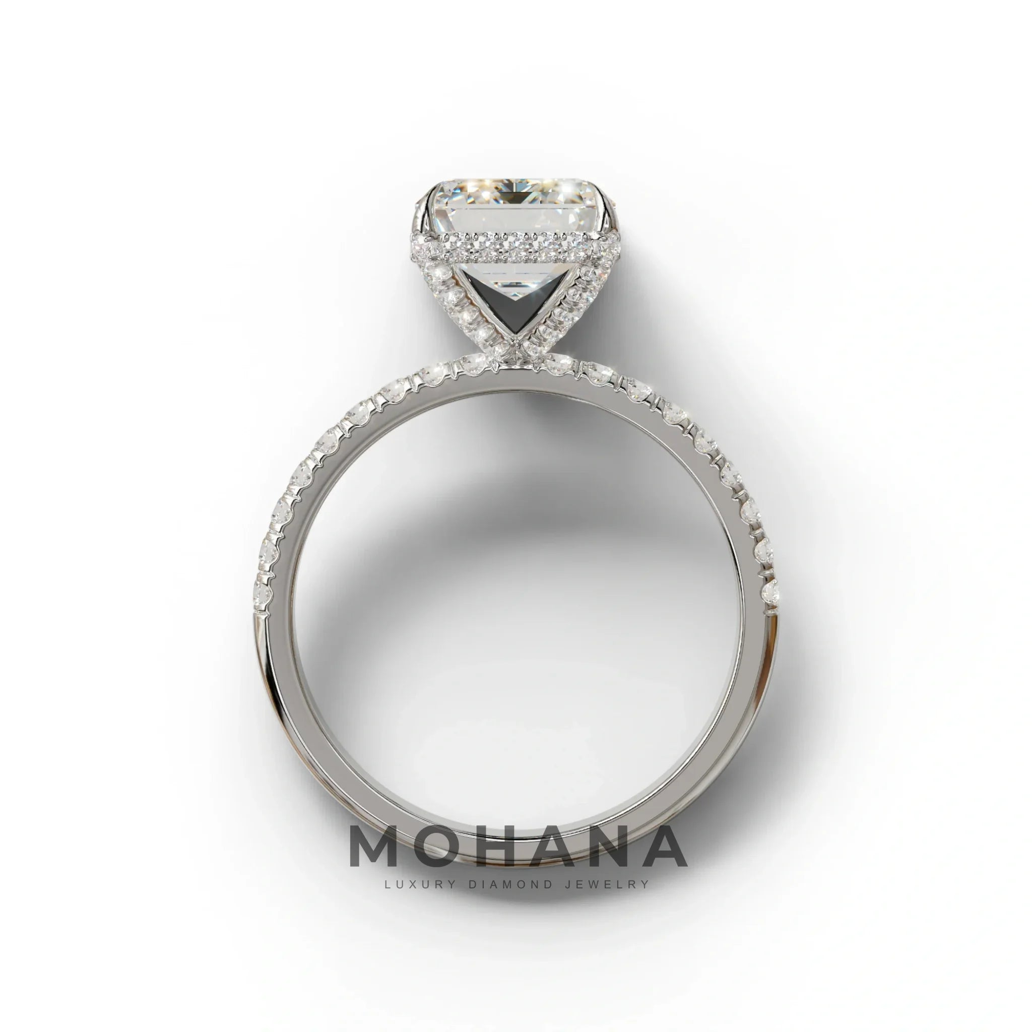3 Carat E-VVS Emerald Cut Lab Diamond In Hidden Halo & Pave Setting Ring