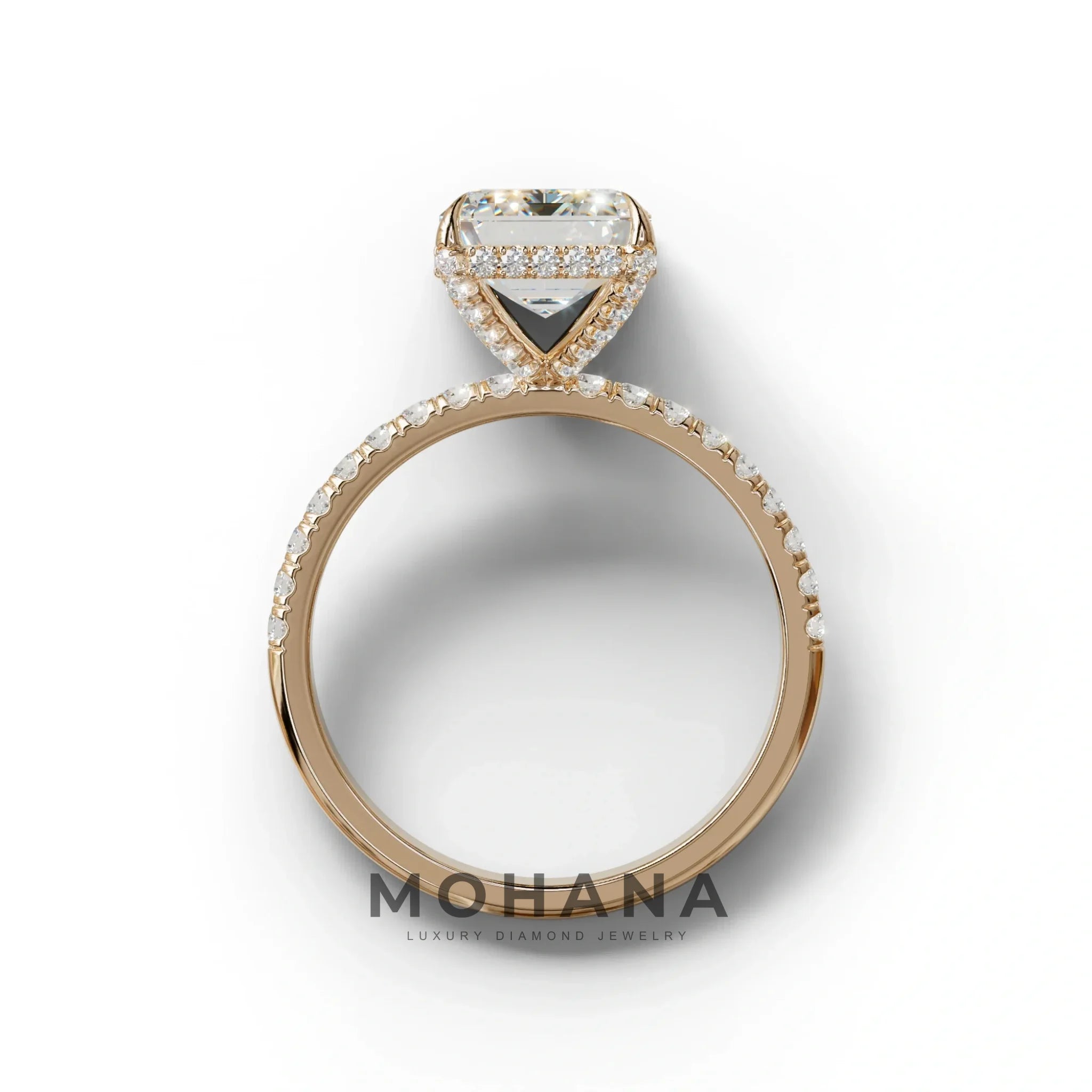 3 Carat E-VVS Emerald Cut Lab Diamond In Hidden Halo & Pave Setting Ring