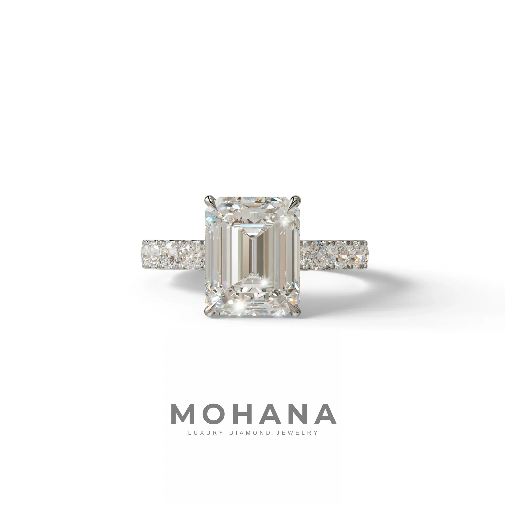 3 Carat E VVS Emerald Cut Lab Diamond Hidden halo Engagement Ring - Luminary - 10K Solid Gold / White Gold