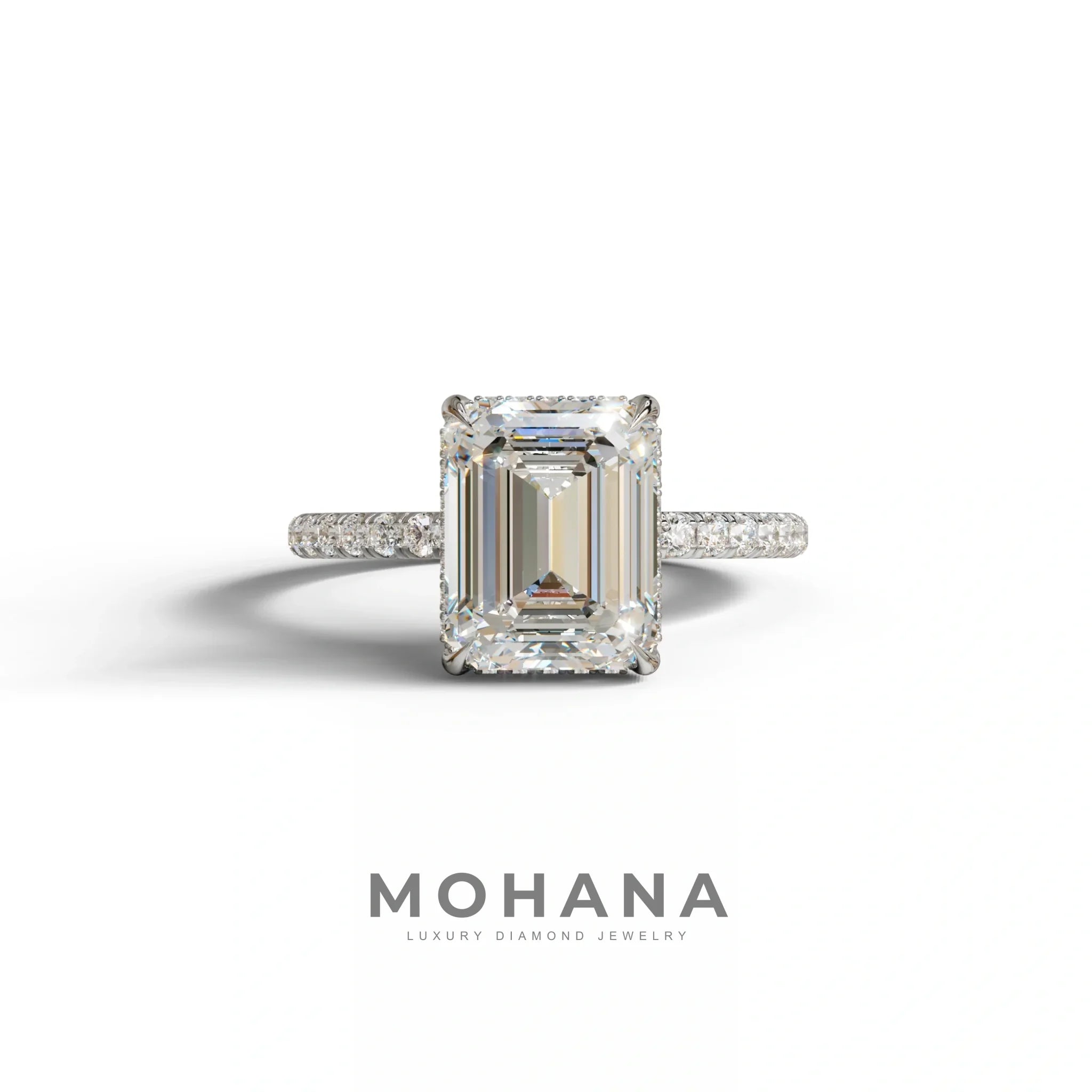 3 Carat E-VVS Emerald Cut Lab Diamond In Hidden Halo & Pave Setting Ring - 10K Solid Gold / White Gold