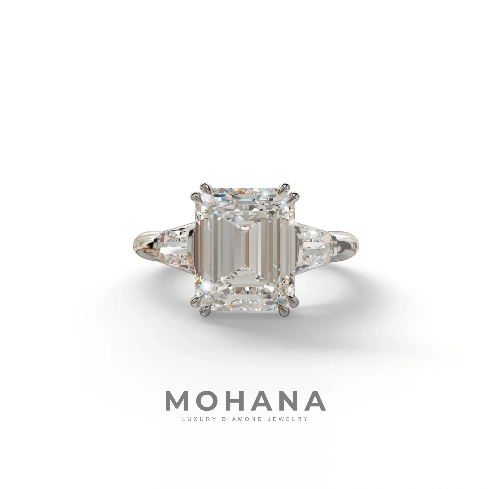 3 Carat E VVS Emerald & Baguette Cut Multi Stone Lab Diamond Ring - Lami - 10K Solid Gold / White Gold