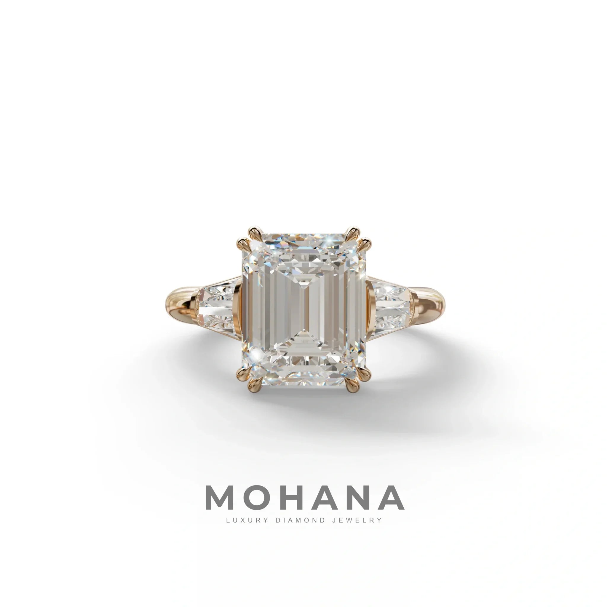3 Carat E VVS Emerald & Baguette Cut Multi Stone Lab Diamond Ring - Lami - 10K Solid Gold / Rose Gold