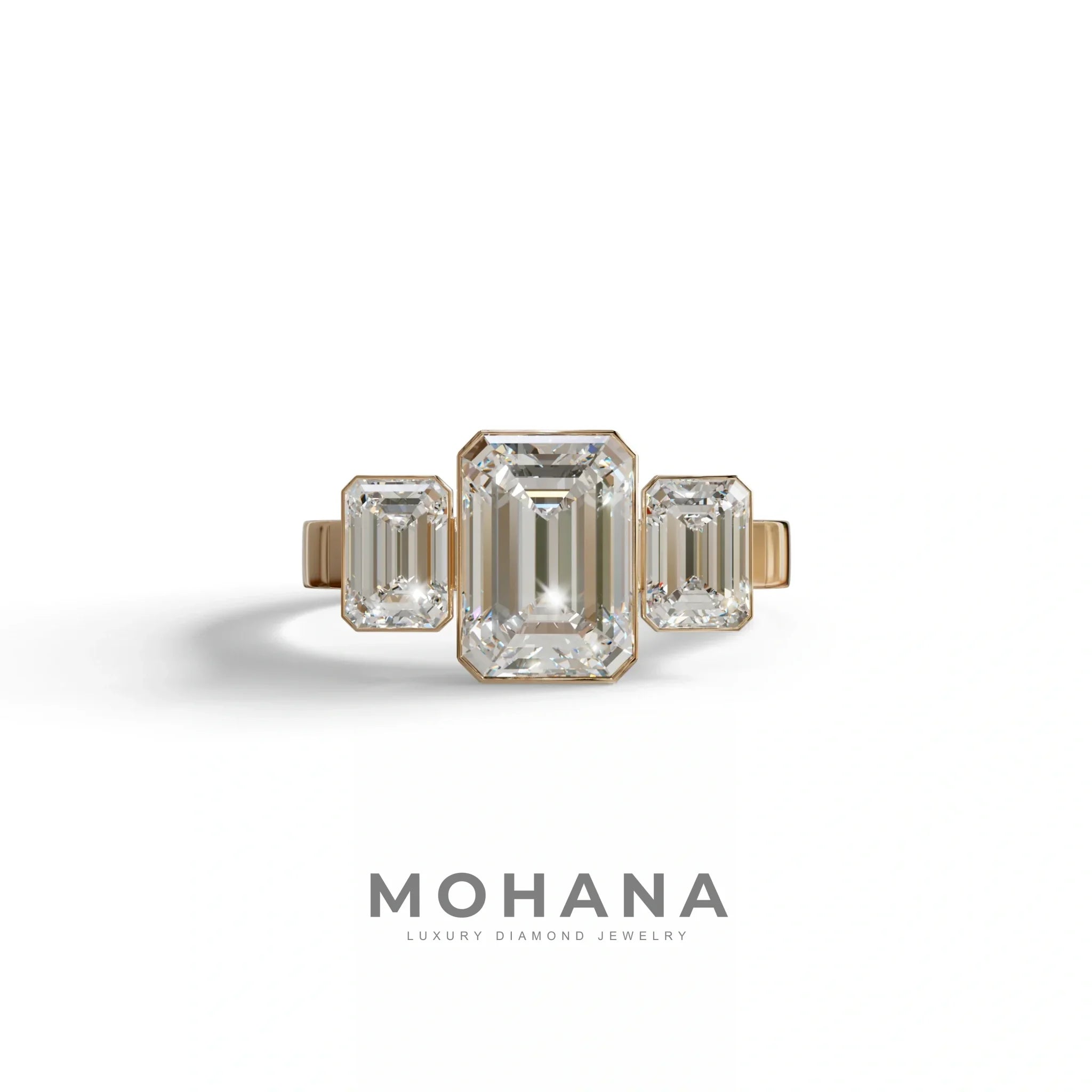Three Stone 3 carat Center Emerald E VVS Lab Grown Diamond Engagement Ring - Elaris - 10K Solid Gold / Rose Gold