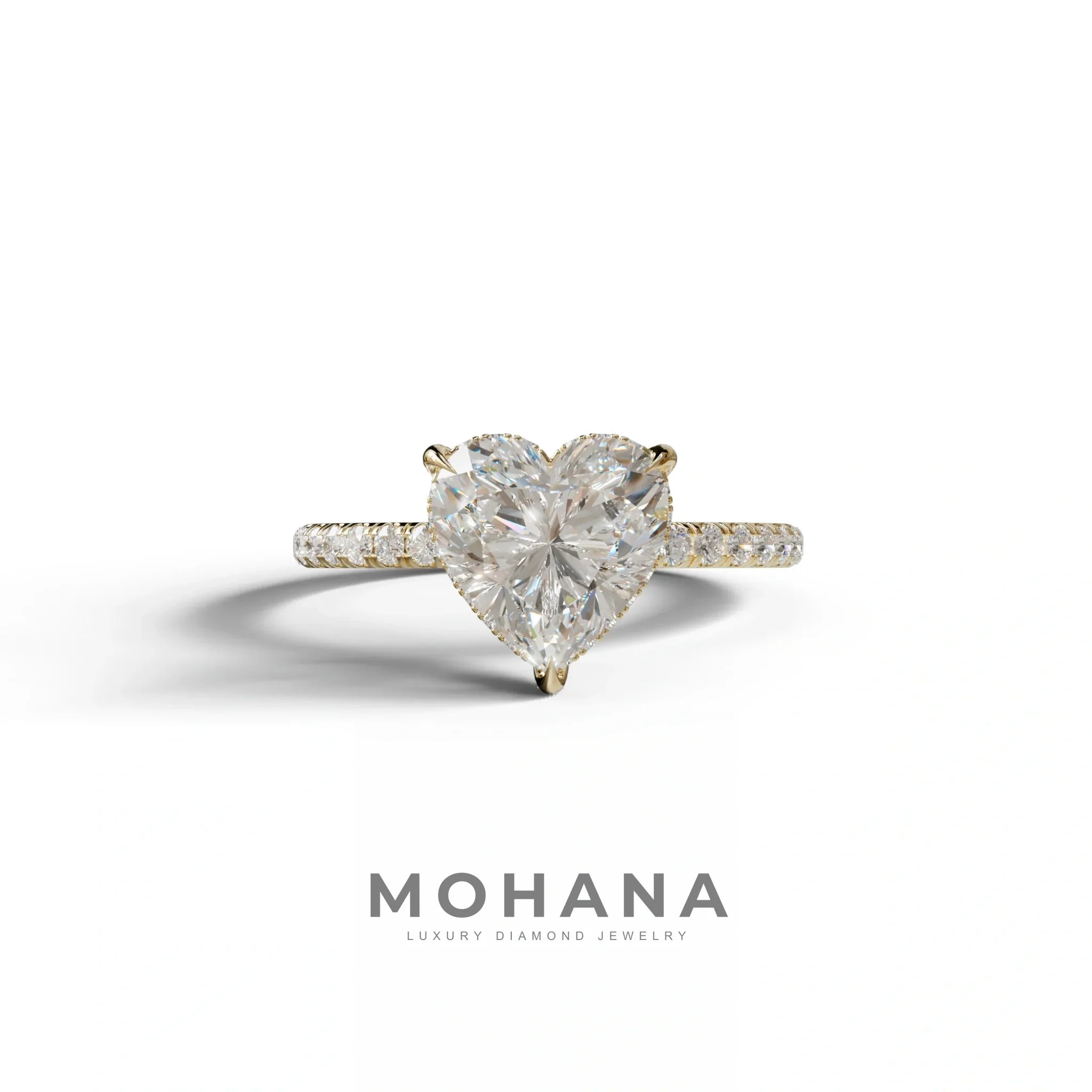 E/VVS 3 Carat Heart Cut Hidden Halo & Pavé Setting Engagement Ring - 10K Solid Gold / Yellow Gold