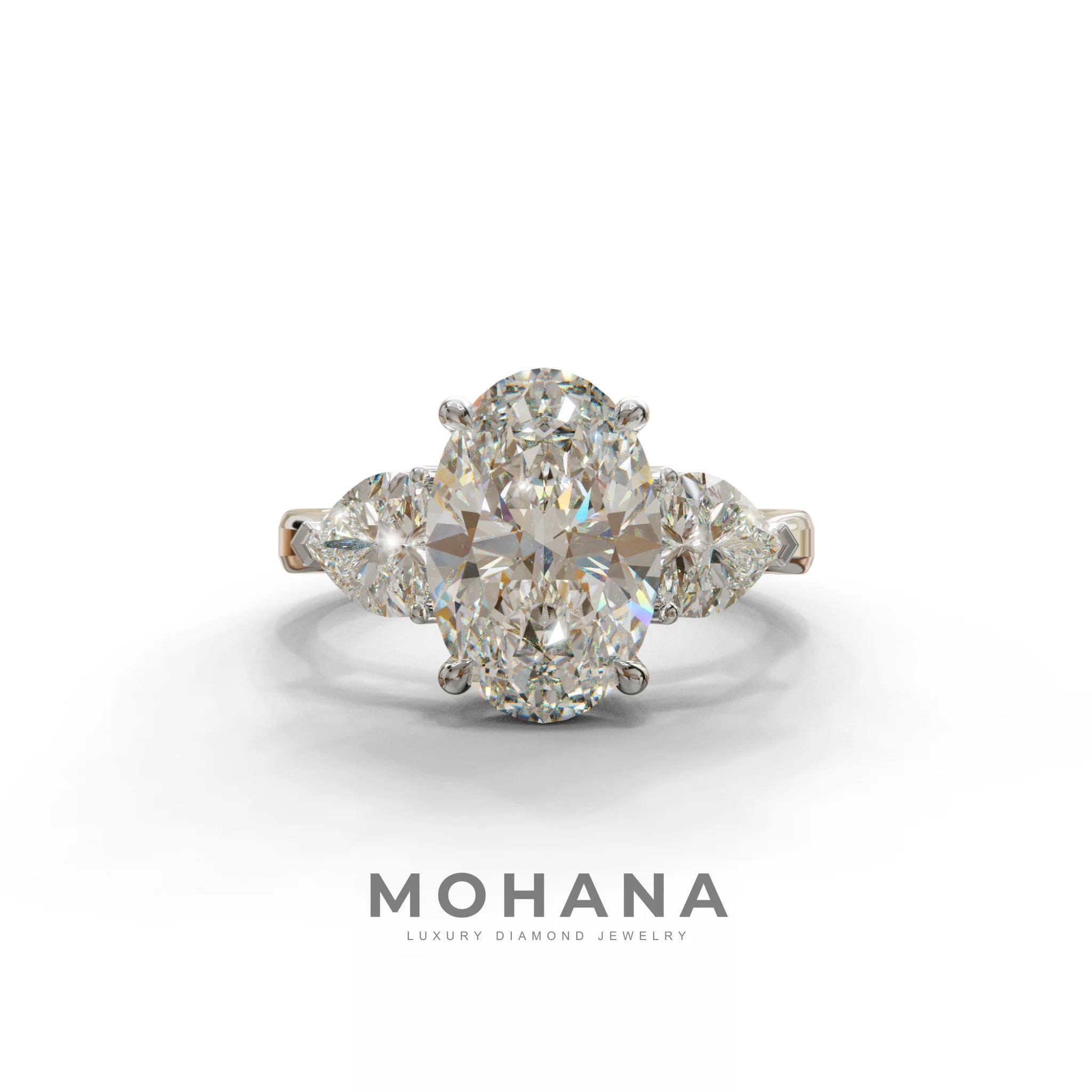 4 Ct E VVS Oval & Heart Shape 3 Stone Engagement Diamond Ring - Lucid - 10K Solid Gold / White Gold
