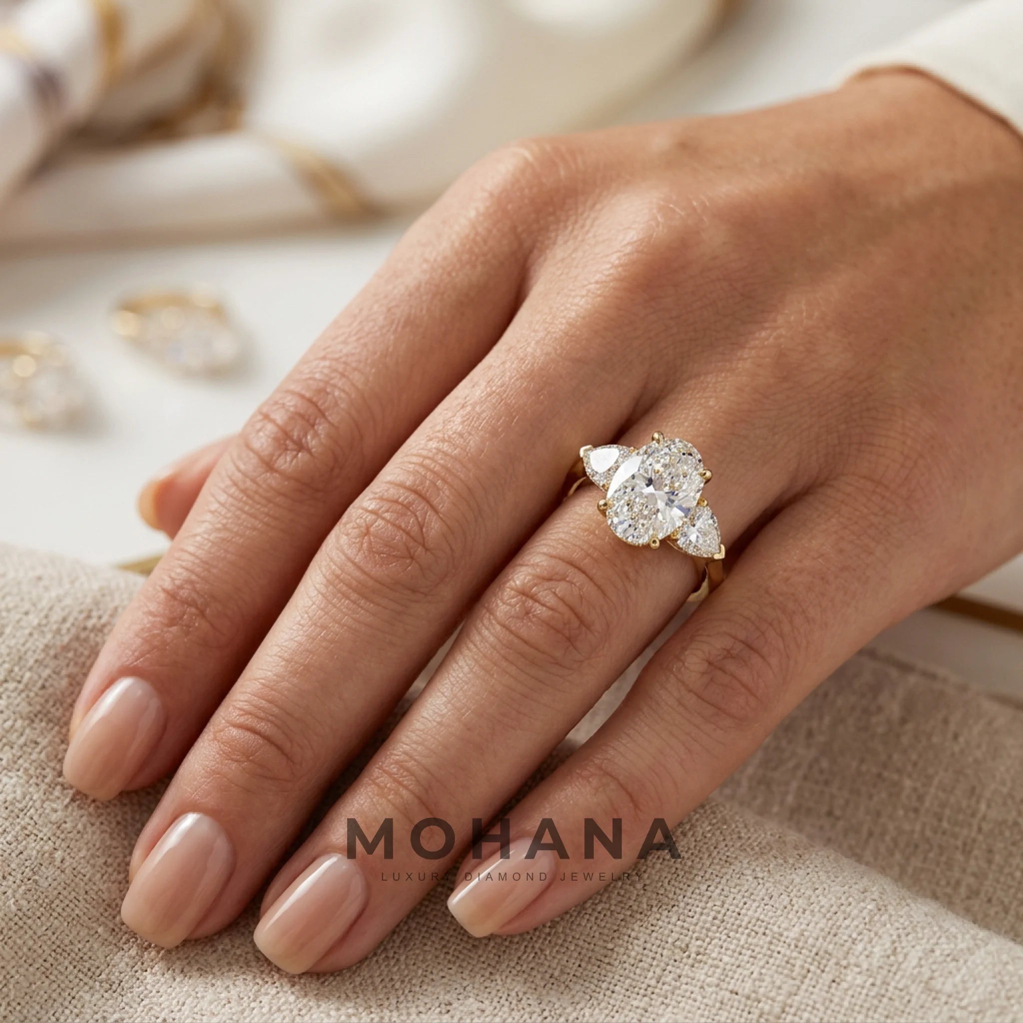 3 Carat E VVS Oval Lab Grown Diamond Engagement Ring Three Stone Heart Cut