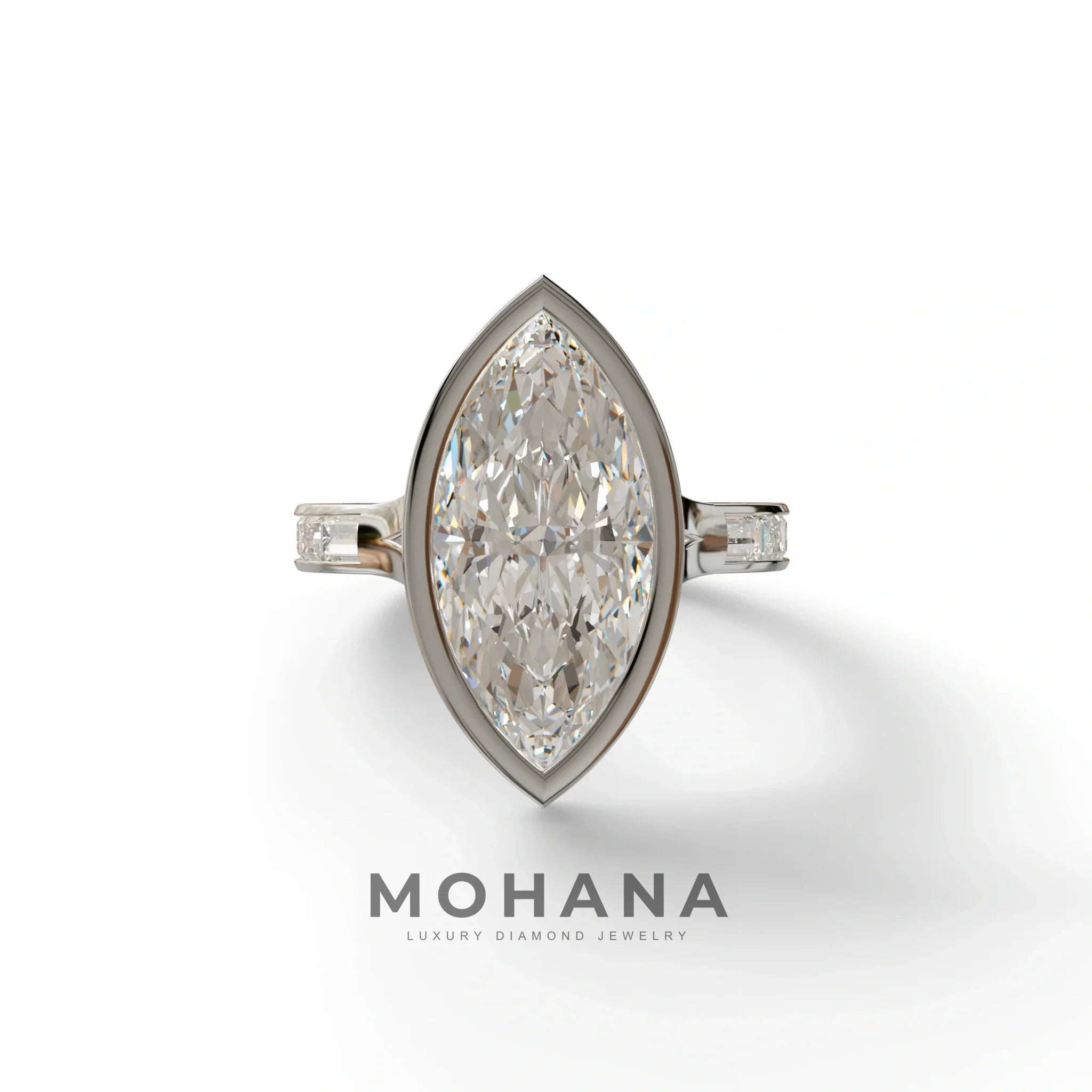 3 Ct E/VVS Marquise Cut Lab Diamond Ring With Bezel Set - Kayla - 10K Solid Gold / White Gold