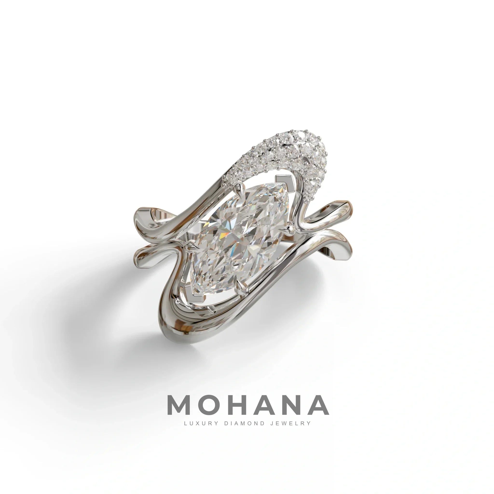 3 Carat Marquise Cut Lab Grown Diamond Curve Ring - Myka - 10K Solid Gold / White Gold