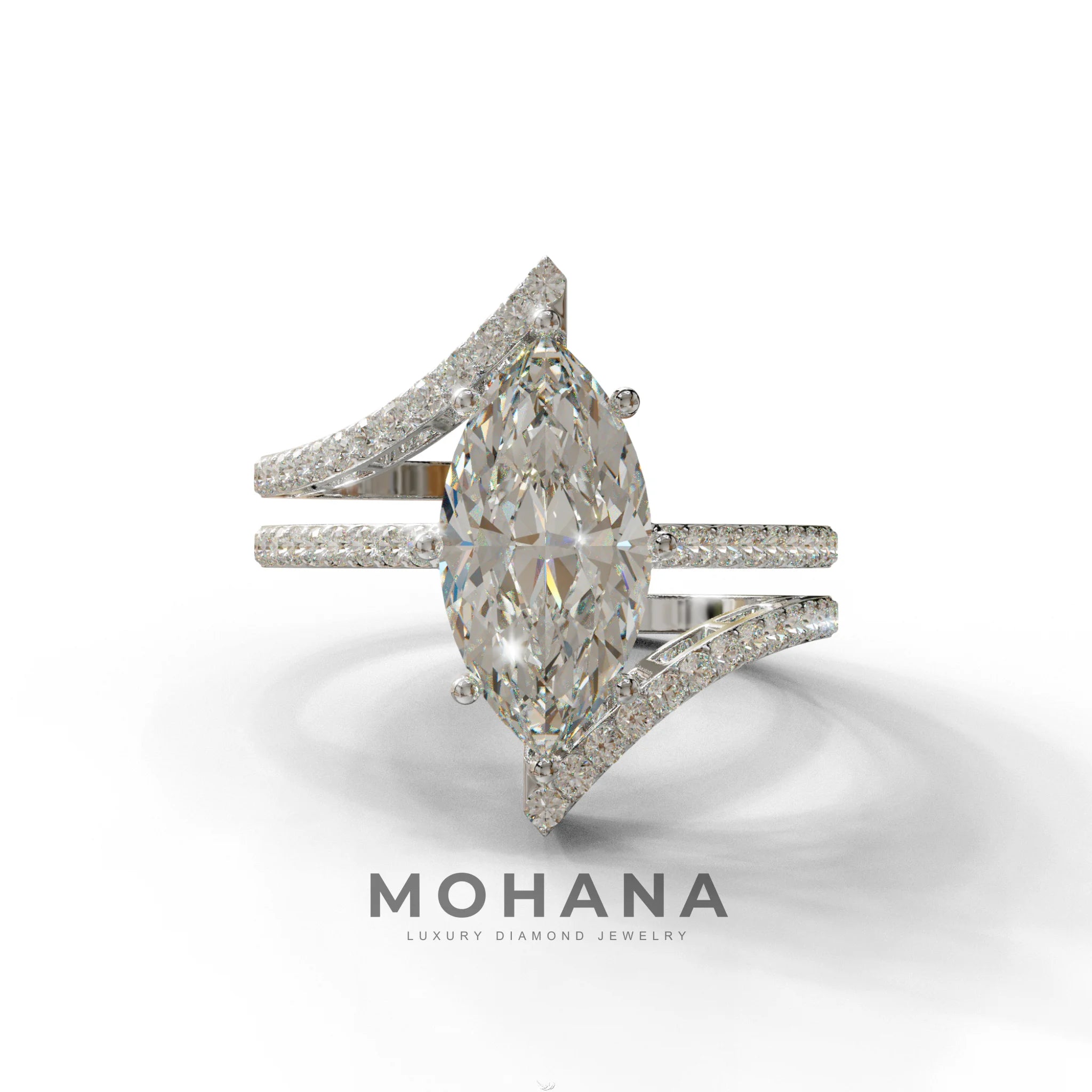 3 Carat Marquise Cut E VVS Lab Diamond Ring with Double Pave Setting - 10K Solid Gold / White Gold