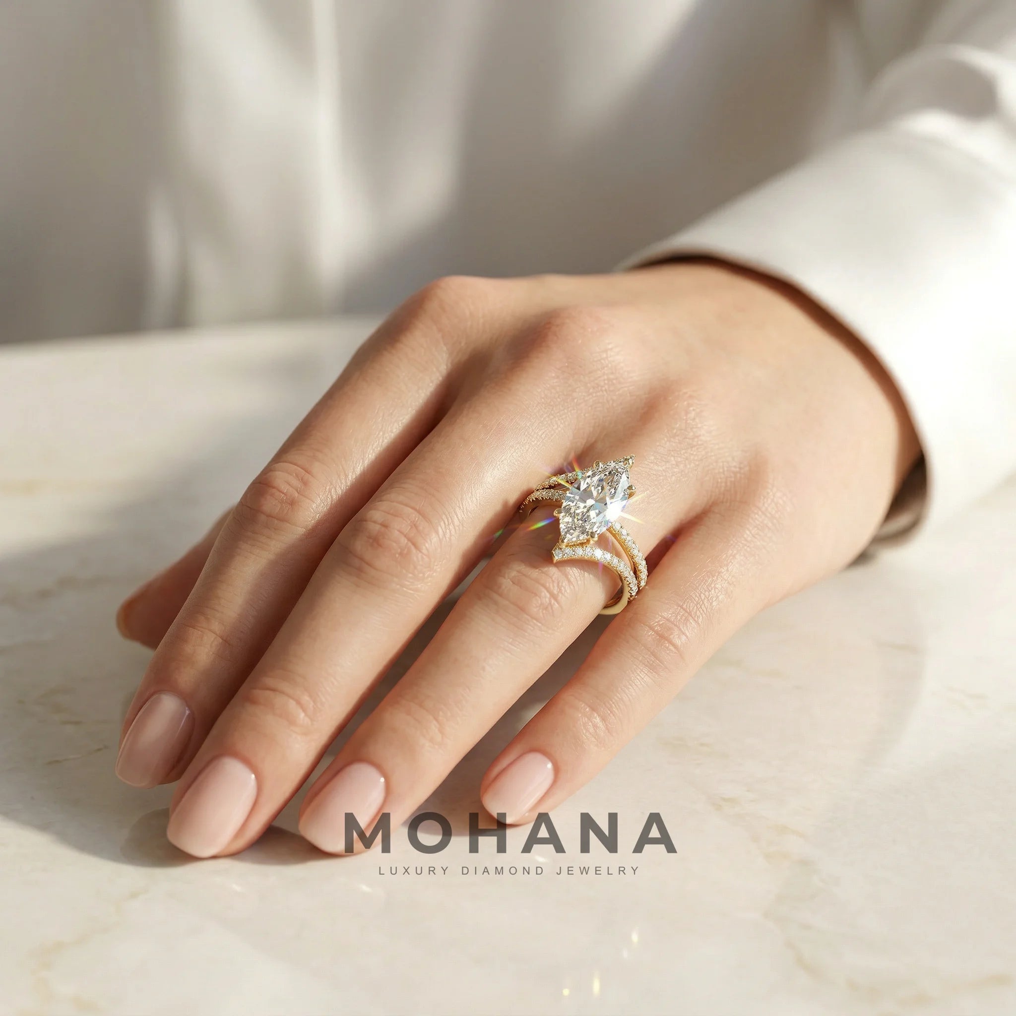 3ct E VVS Marquise Cut Double Pave Lab Grown Diamond Engagement Ring