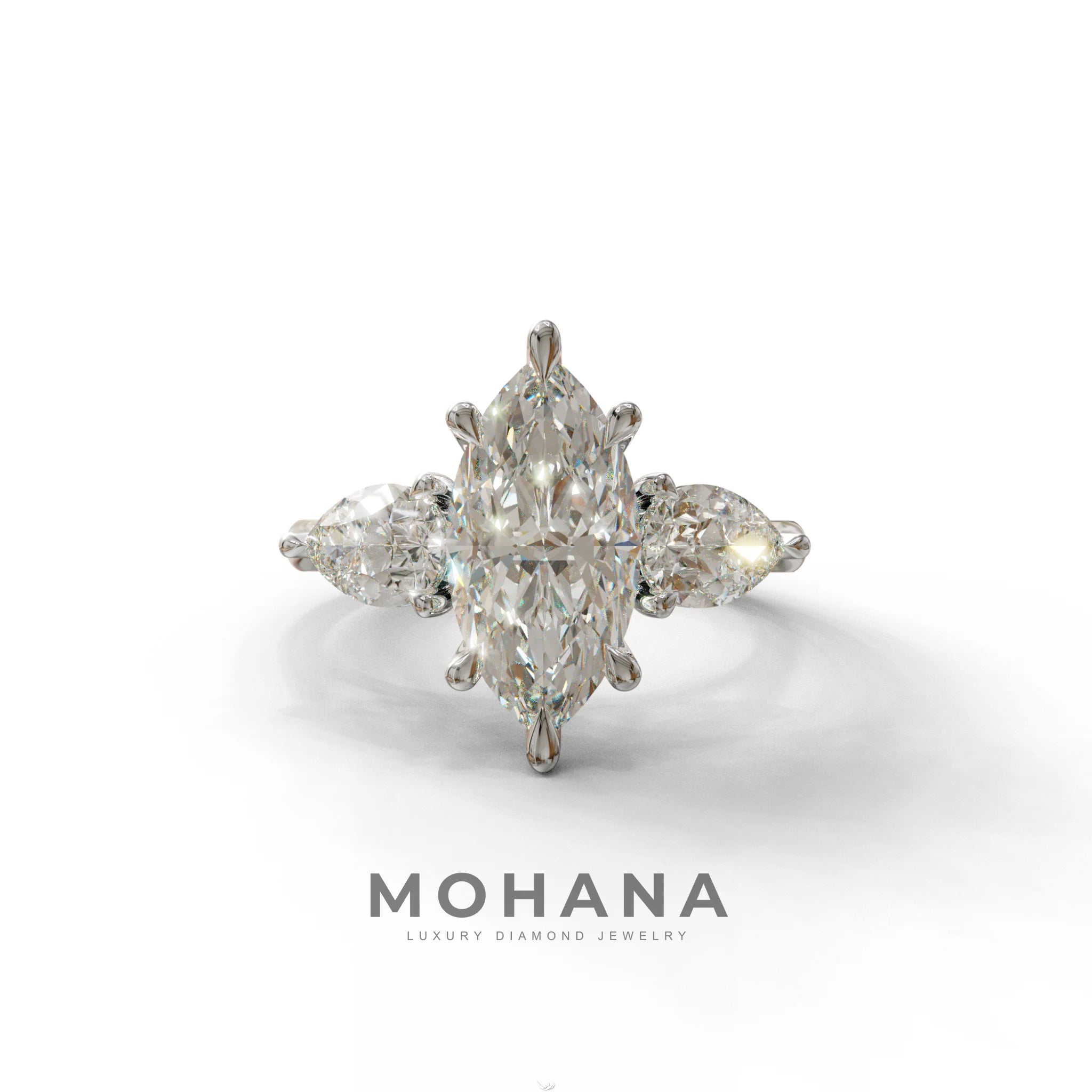 3 Carat E/VVS Marquise & Pear Cut Three Stone Lab Grown Diamond Engagement Ring - 10K Solid Gold / White Gold