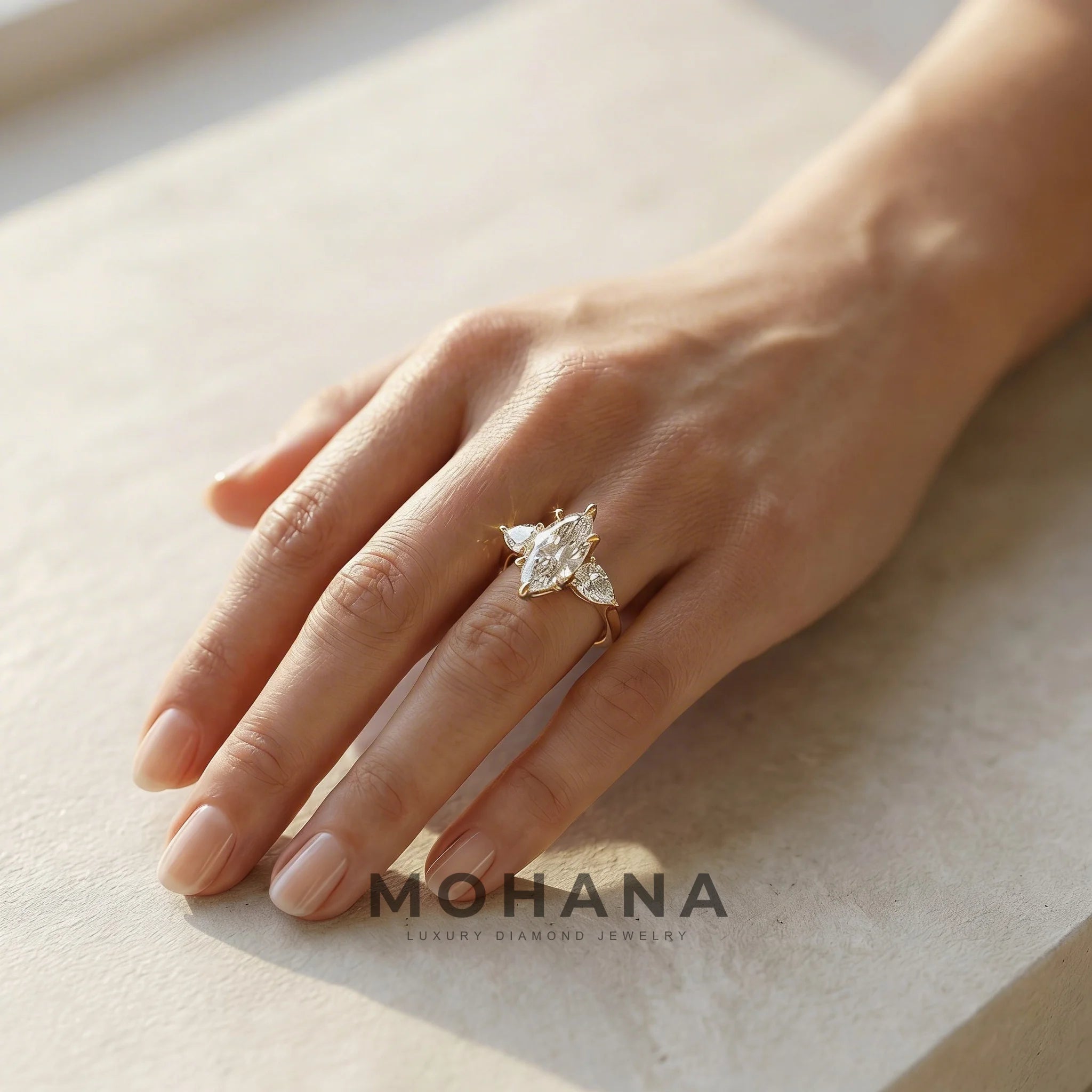 3 Carat E/VVS Marquise & Pear Cut Three Stone Lab Grown Diamond Engagement Ring