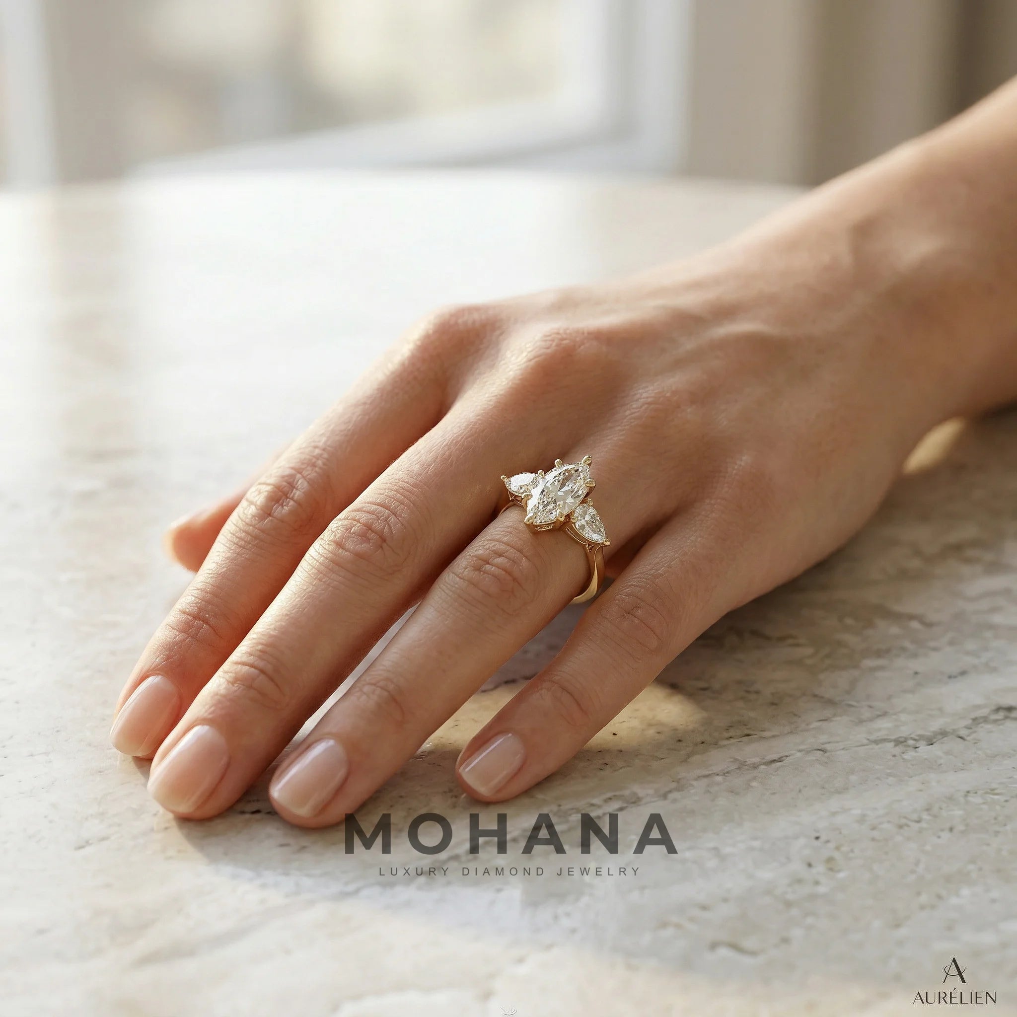 3 Carat E/VVS Marquise & Pear Cut Three Stone Lab Grown Diamond Engagement Ring