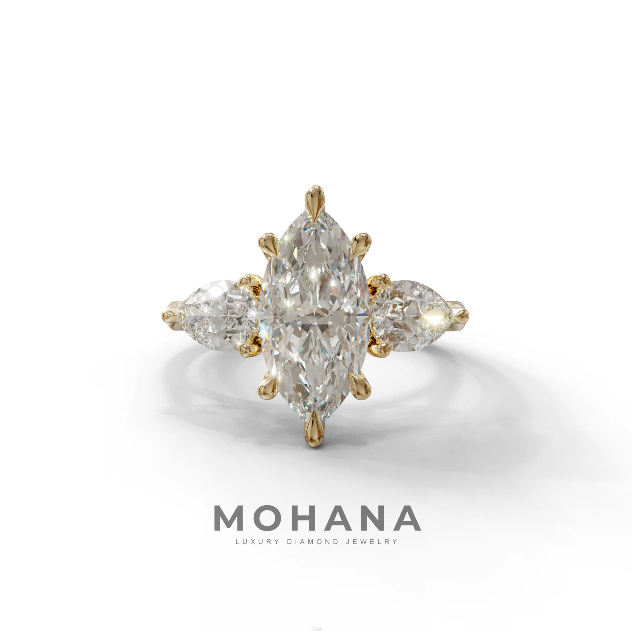 3 Carat E/VVS Marquise & Pear Cut Three Stone Lab Grown Diamond Engagement Ring - 10K Solid Gold / Yellow Gold
