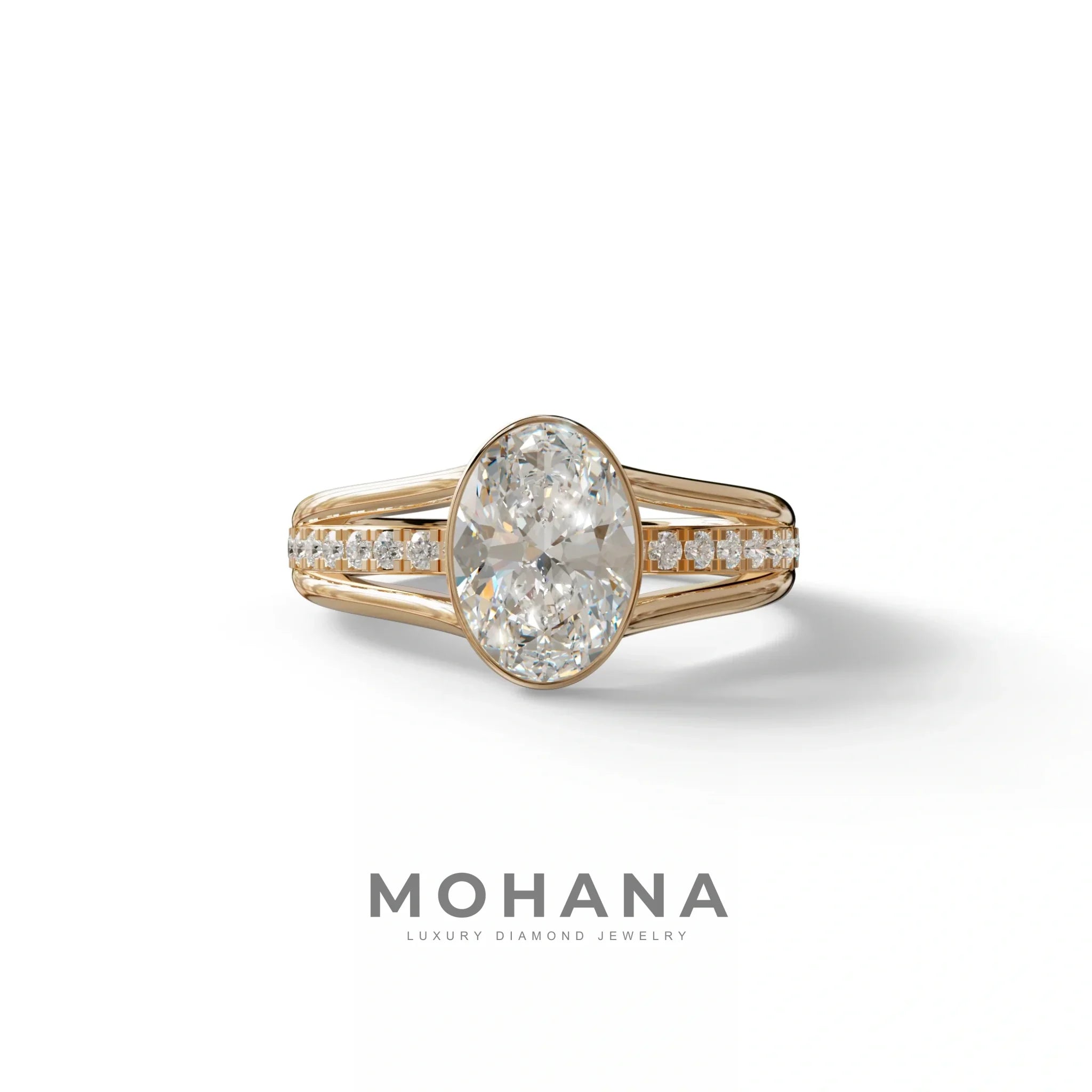 3 Carat Oval Bezel Setting lab grown Diamond Engagement Ring - Prisma - 10K Solid Gold / Rose Gold
