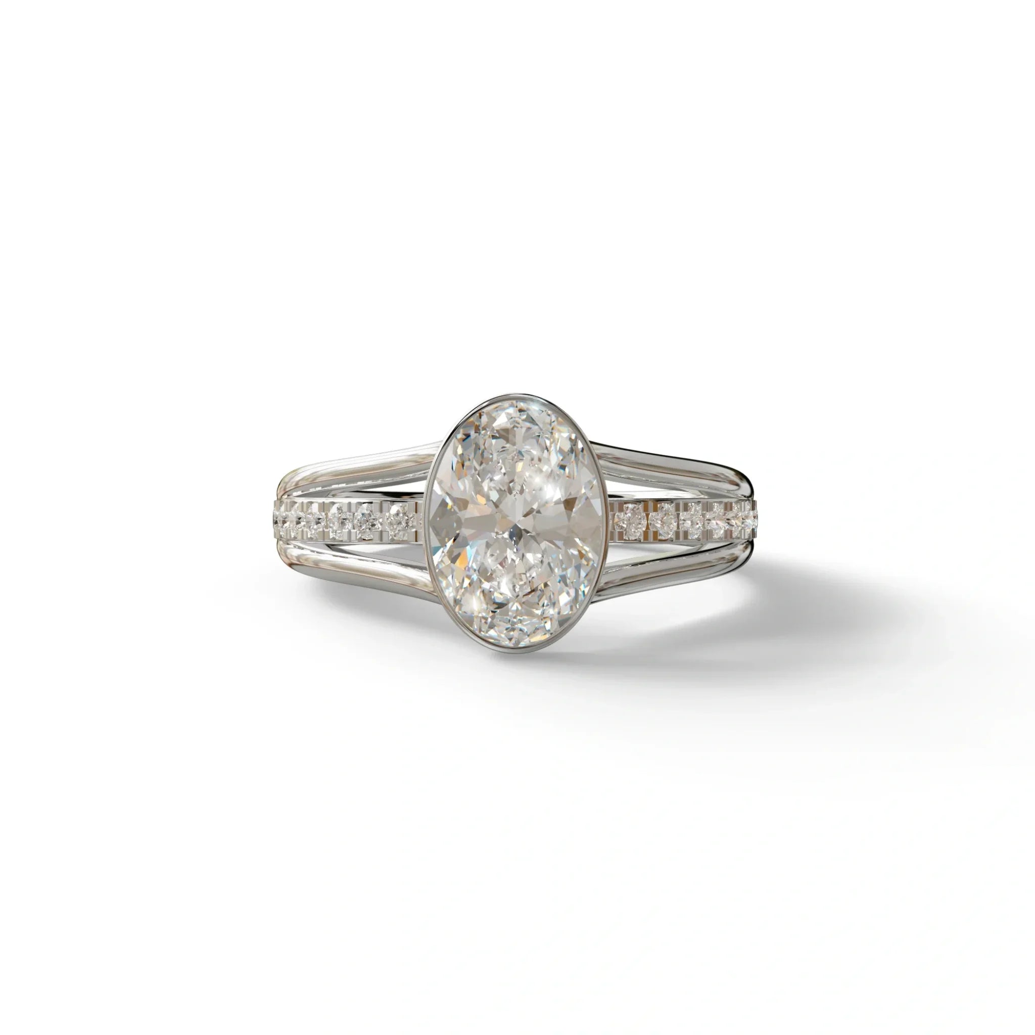 3 Carat Oval Bezel Setting lab grown Diamond Engagement Ring - Prisma - 10K Solid Gold / White Gold