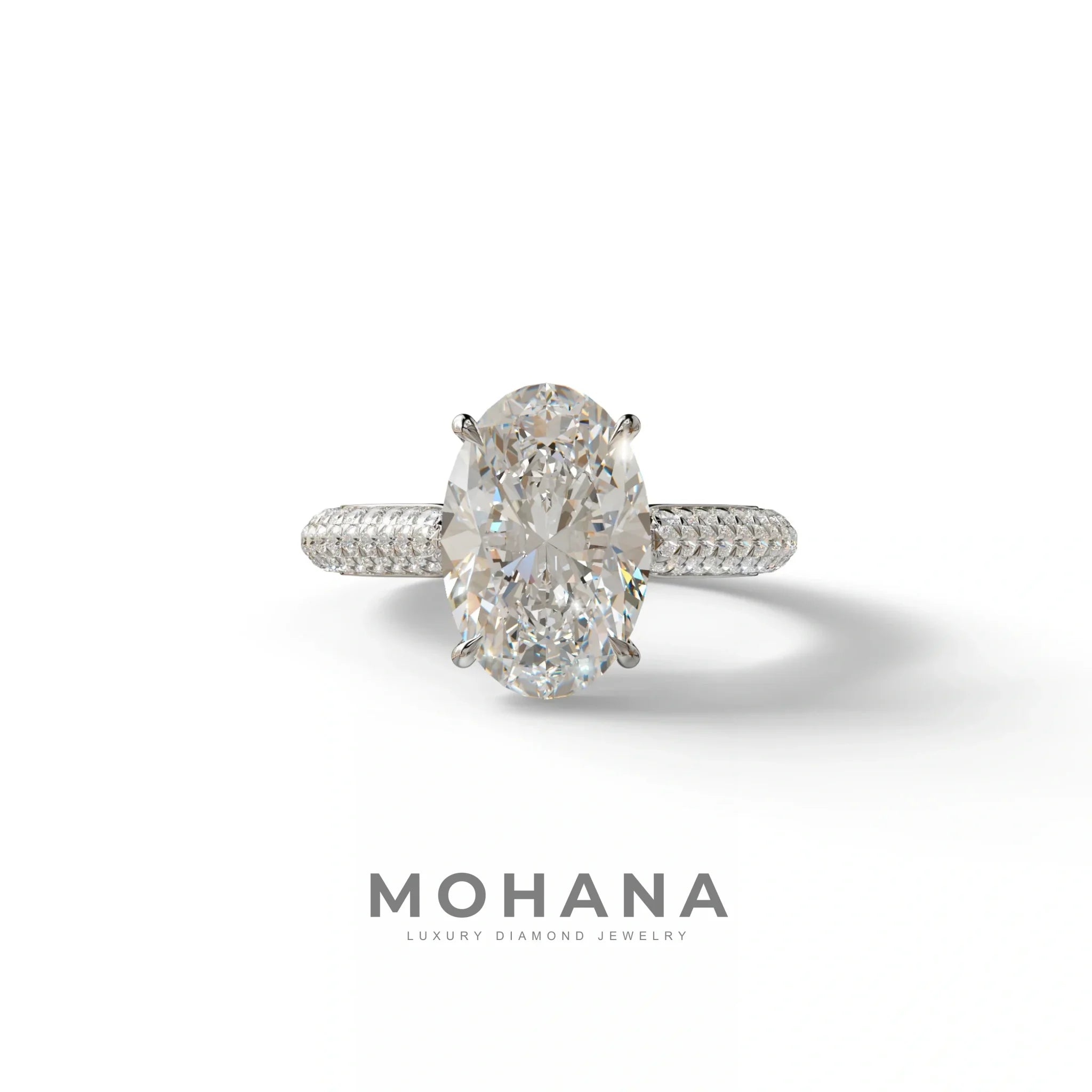 3 Carat E VVS Oval Cut Pave & hidden halo Lab Diamond Engagement Ring - Viviana - 10K Solid Gold / White Gold