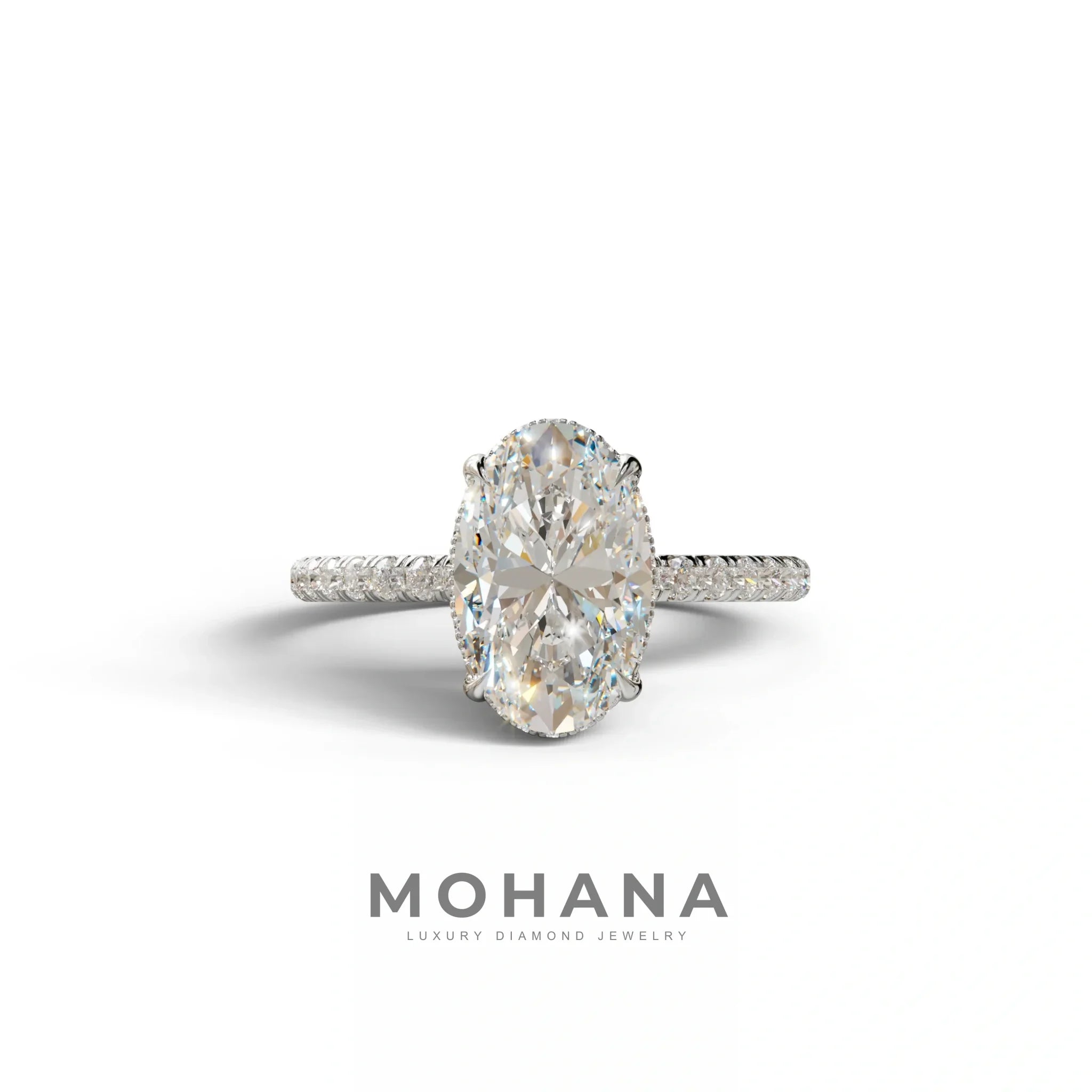 3 Carat E-VVS Oval Cut Hidden Halo & Pave Setting Lab Grown Diamond Ring - 10K Solid Gold / White Gold