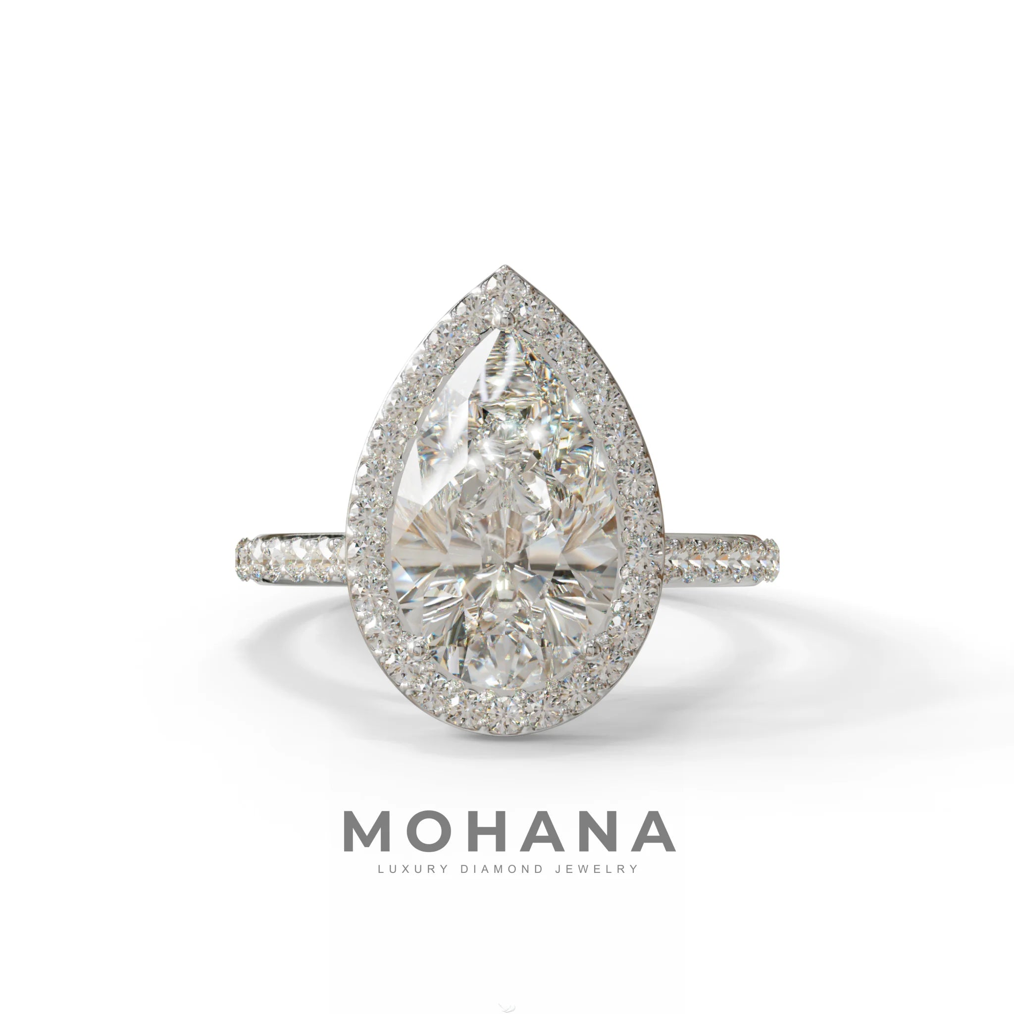 3 Carat E/VVS Pear Cut Halo & Pave Setting Lab Grown Diamond Setting Ring - 10K Solid Gold / White Gold