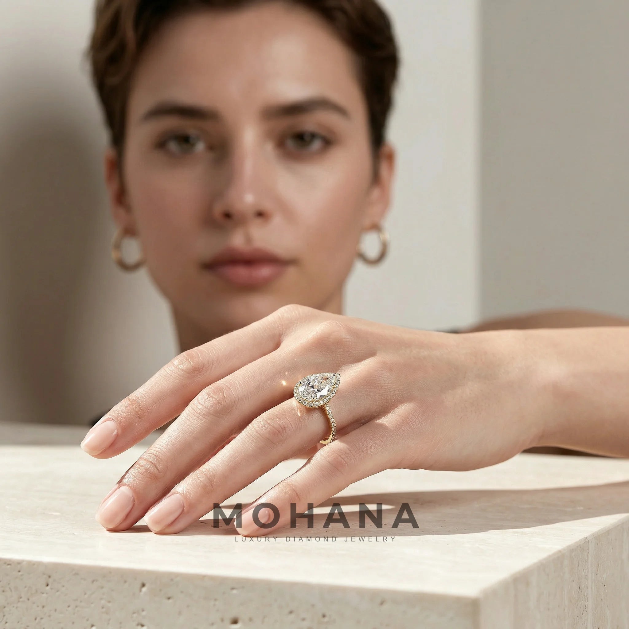 3ct E/VVS Pear Cut Halo & Pave Lab Grown Diamond Engagement Ring - Madona