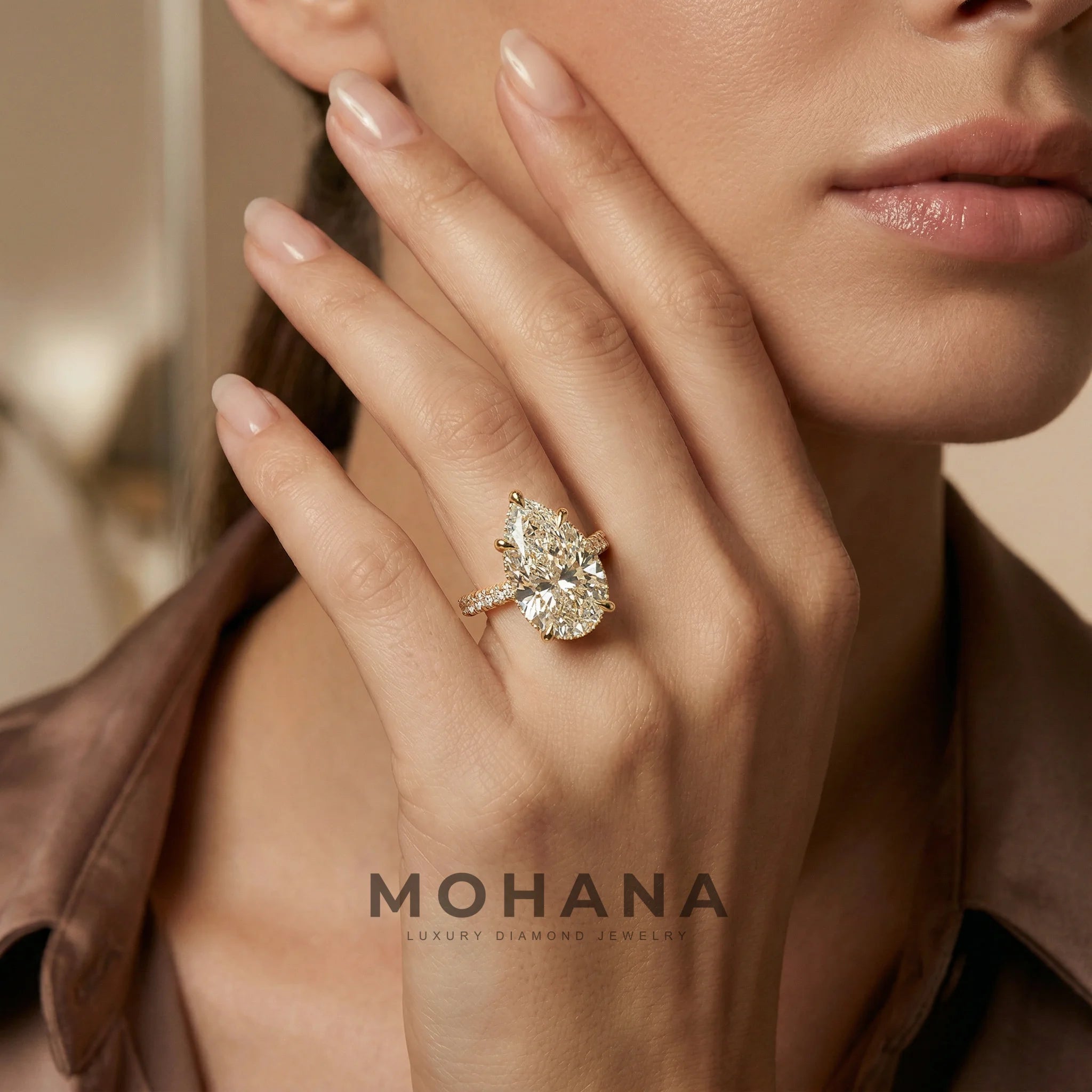 3 Carat E VVS Pear Cut Hidden Halo Lab Grown Diamond Engagement Ring