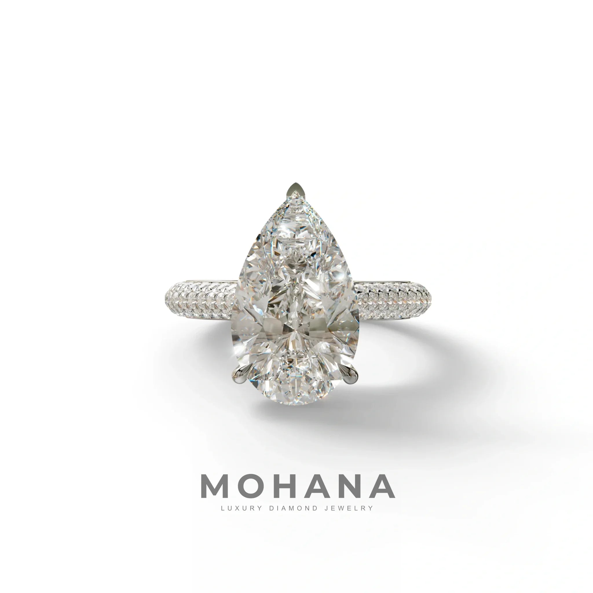 3 Carat Pear Shaped Hidden Halo Lab Diamond Engagement Ring - Alina - 10K Solid Gold / White Gold