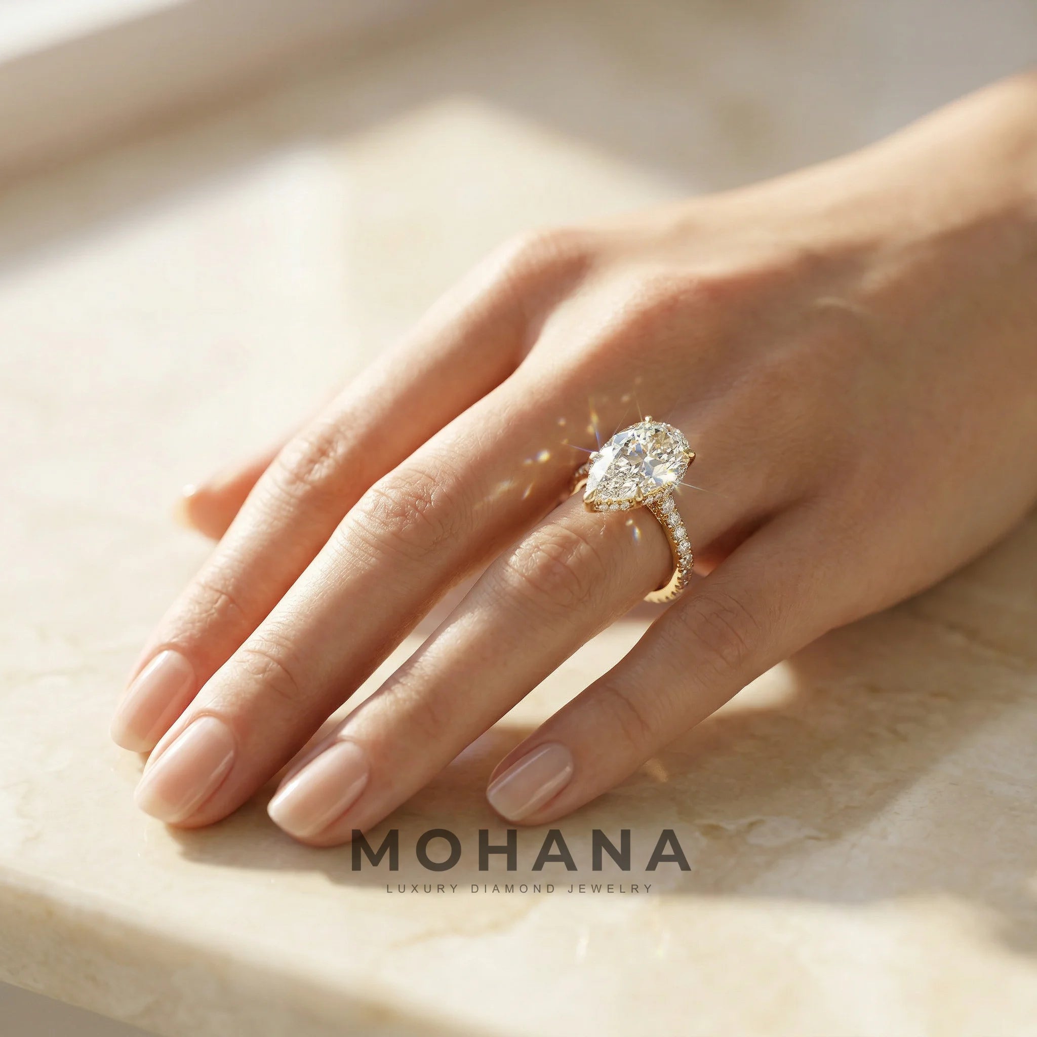 3 Carat E VVS Pear Cut Hidden Halo Lab Grown Diamond Engagement Ring