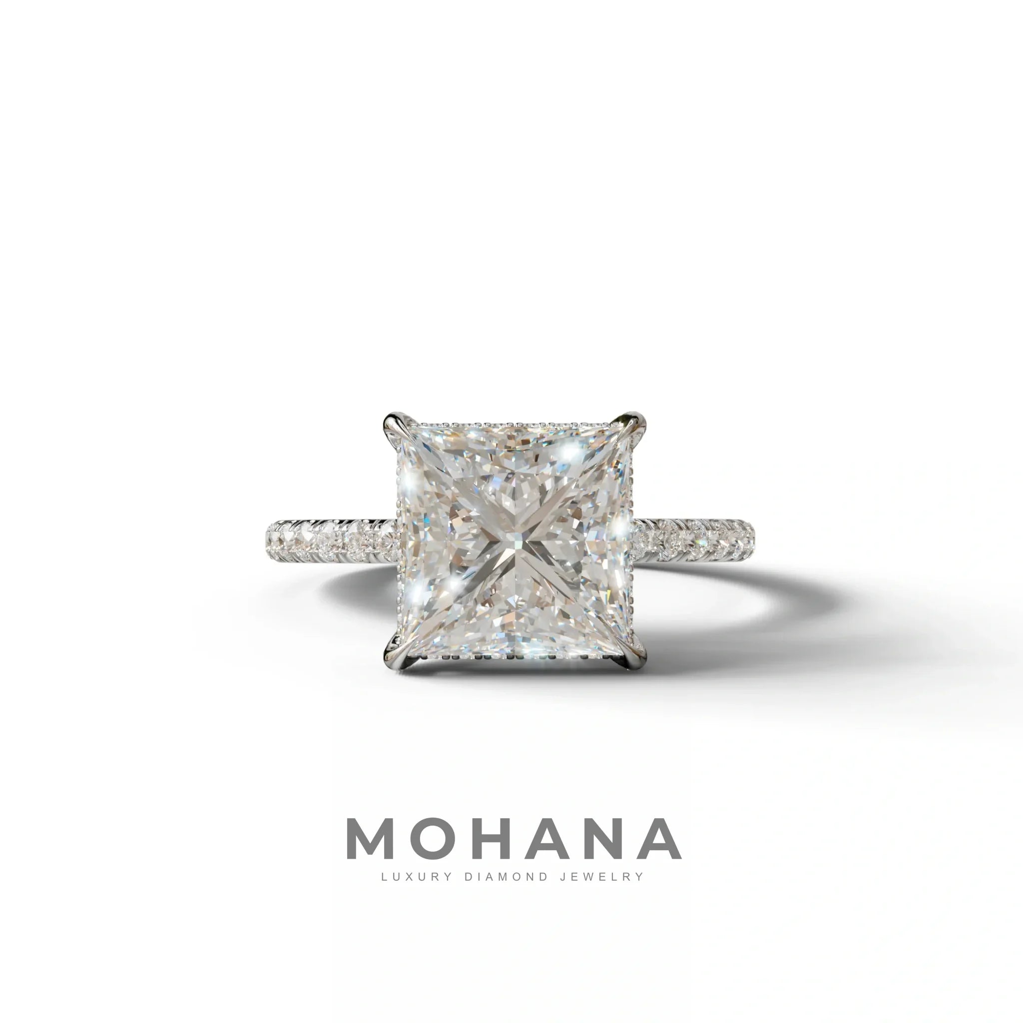 3 Carat E-VVS Princess Cut Hidden Halo & Pave Lab Diamond Ring - 10K Solid Gold / White Gold
