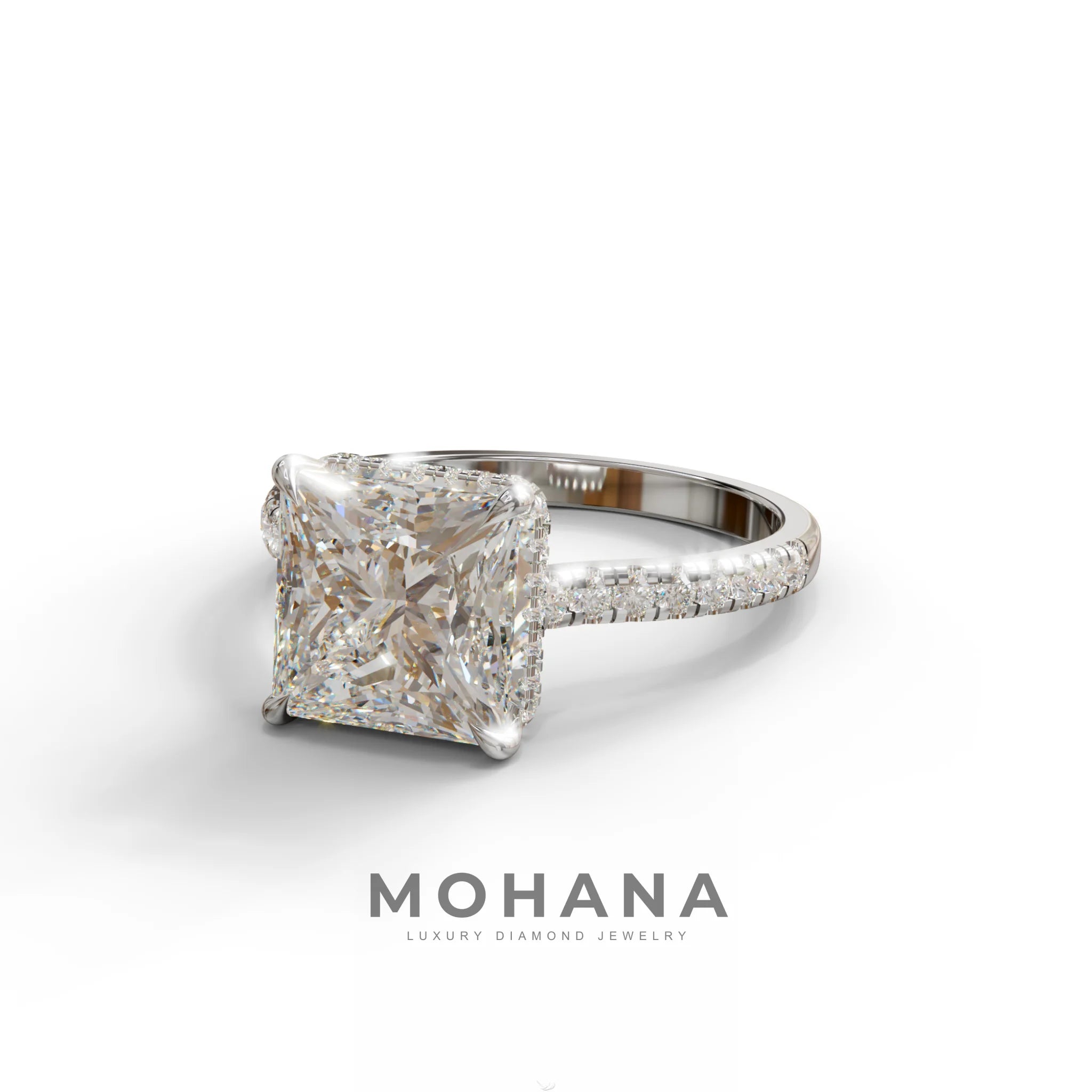 3 Carat E-VVS Princess Cut Hidden Halo Lab Grown Diamond Engagement Ring