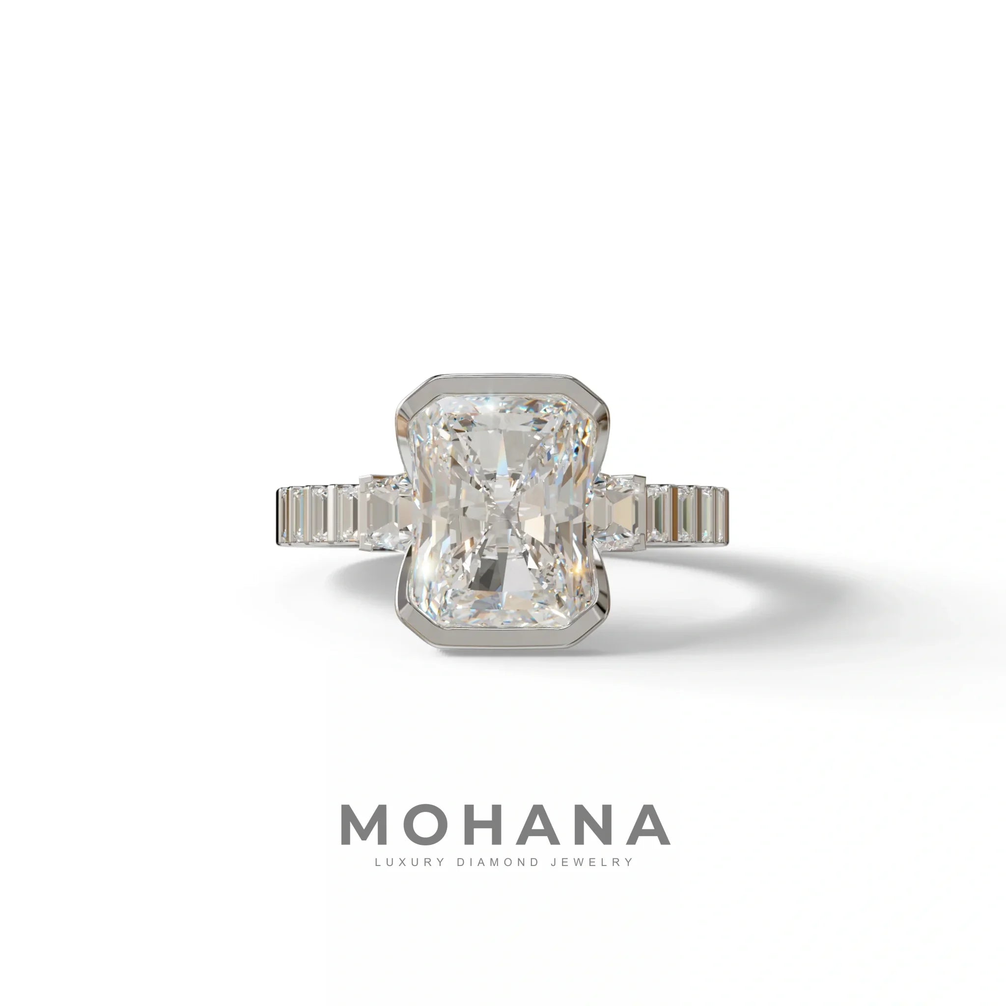 3 Carat Radiant Cut Lab Diamond Engagement Ring | Half Bezel Set Ring - Adiamor - 10K Solid Gold / White Gold
