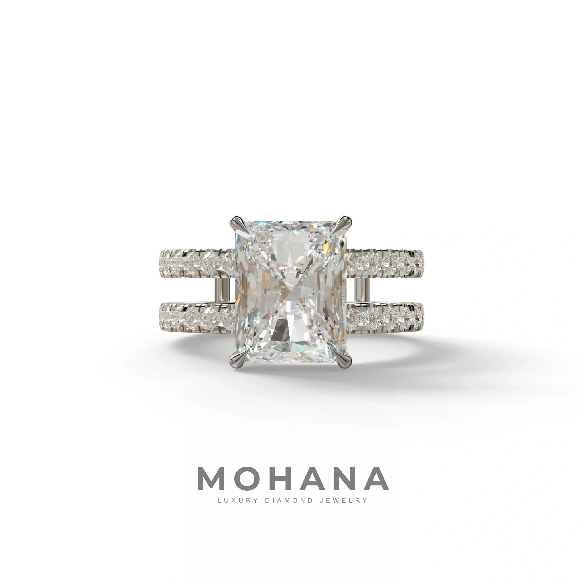 3 Carat Lab Diamond Radiant Cut Engagement Ring | Double Band Hidden Halo - Billie - 10K Solid Gold / White Gold