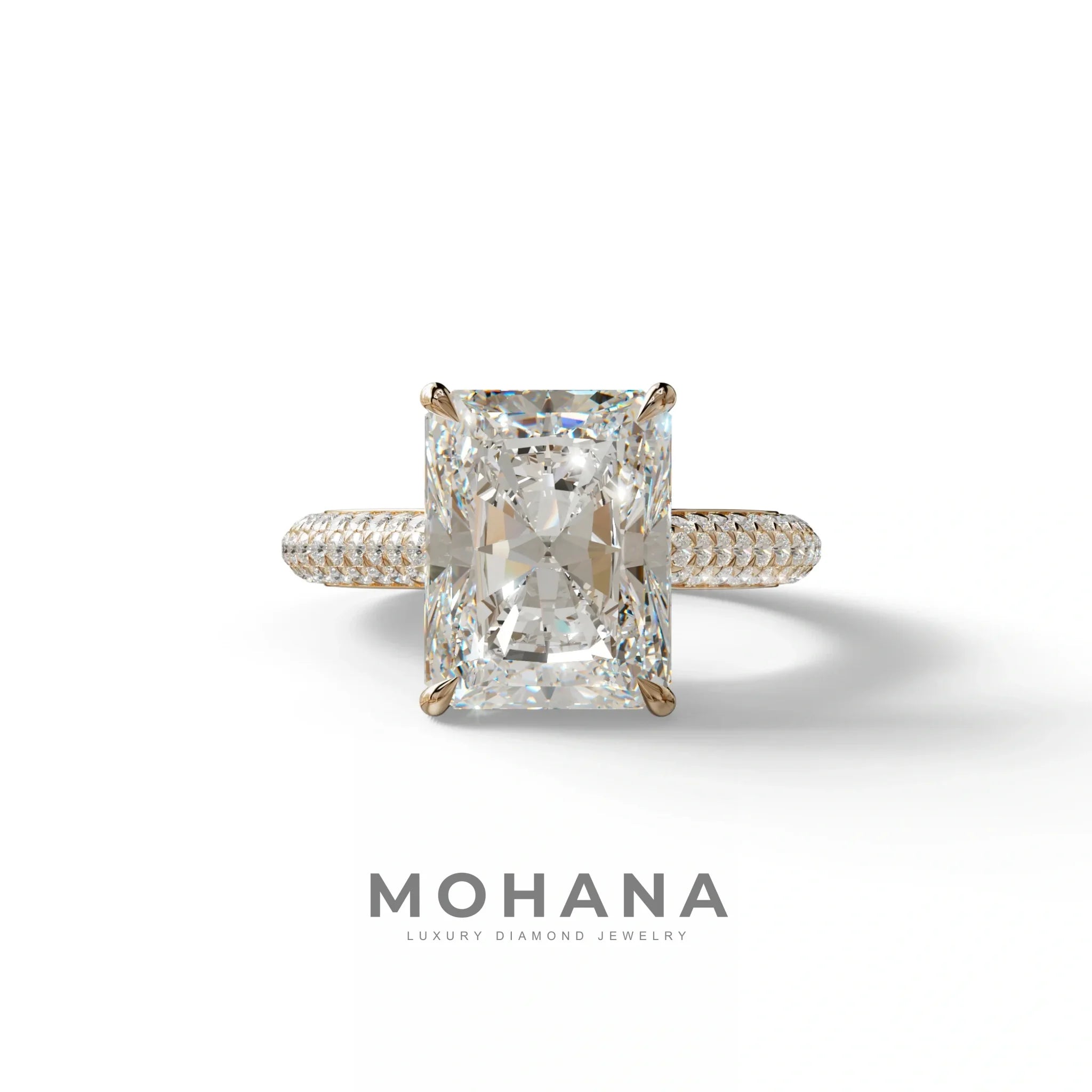 3 Carat Radiant Cut Hidden Halo & Pave Set Lab Diamond Ring - Riviera - 10K Solid Gold / Rose Gold