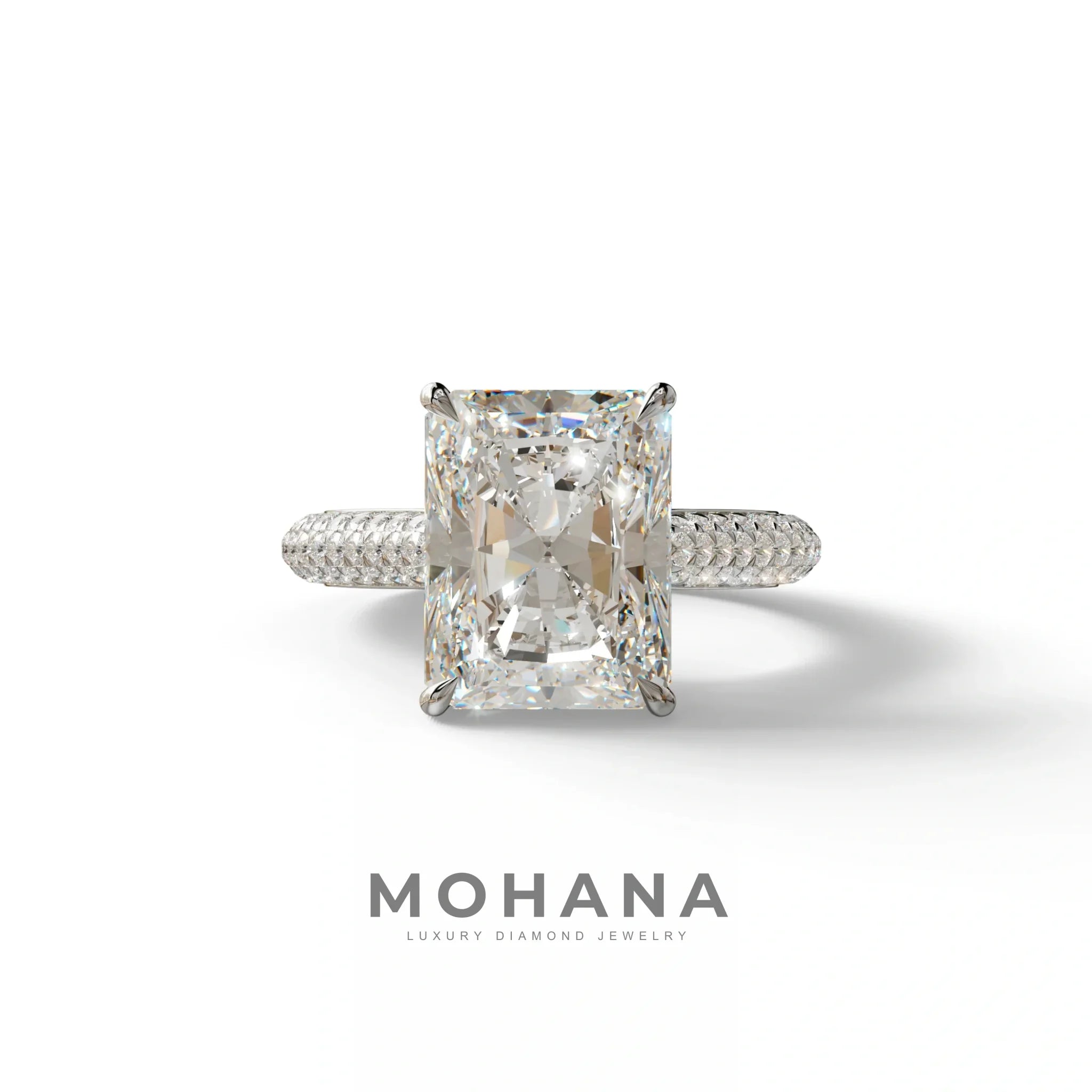3 Carat Radiant Cut Hidden Halo & Pave Set Lab Diamond Ring - Riviera - 10K Solid Gold / White Gold