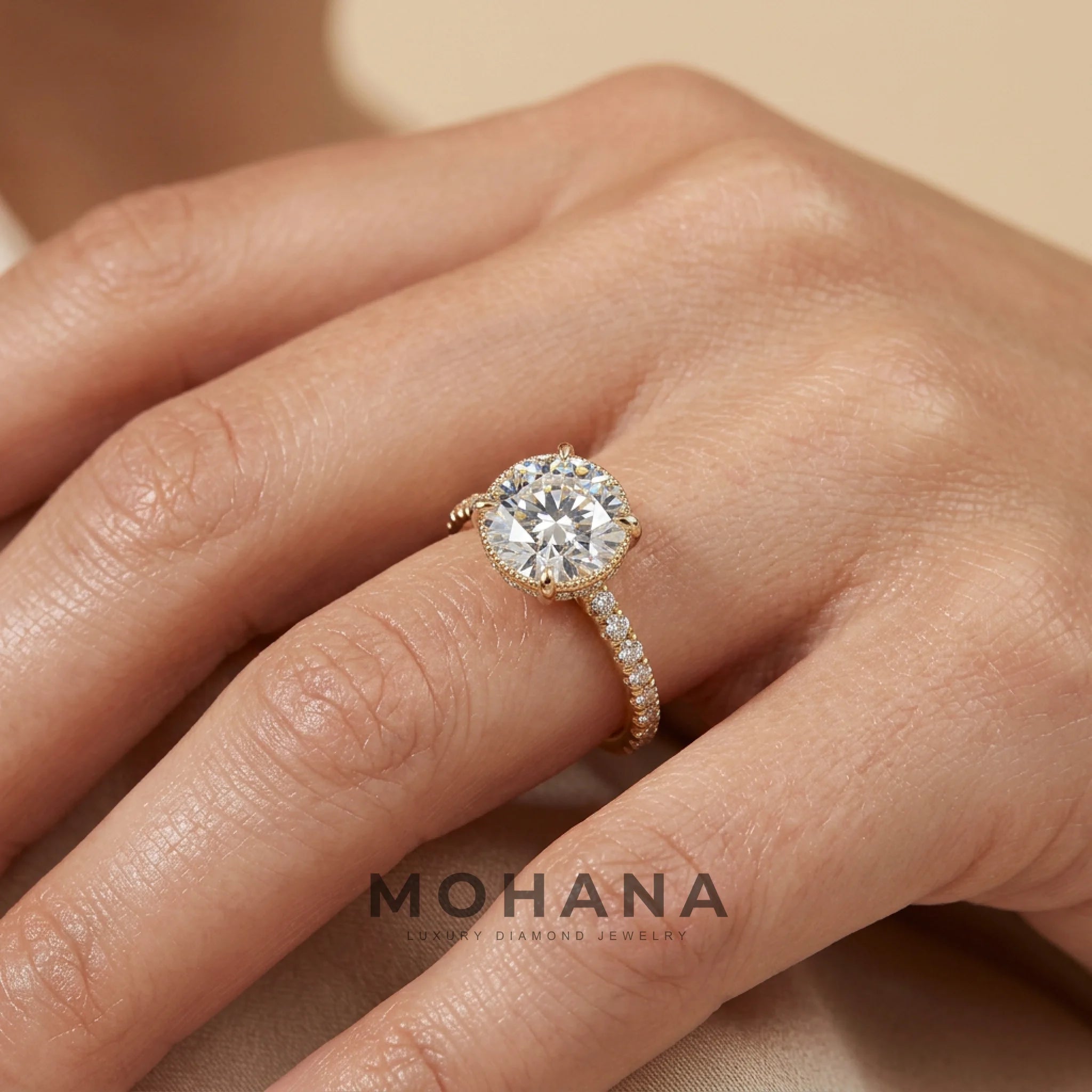 3 Carat E-VVS Round-Cut Lab Diamond Engagement Ring | Hidden Halo & Pavé