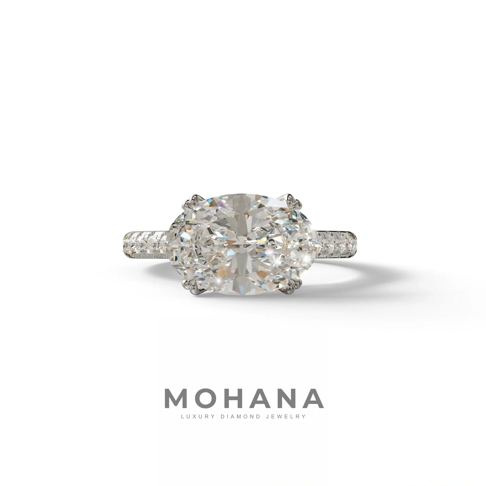 3 Carat Lab Grown Diamond Oval Cut Engagement Ring | East-West Diamond Ring - Ellipse - 10K Solid Gold / White Gold