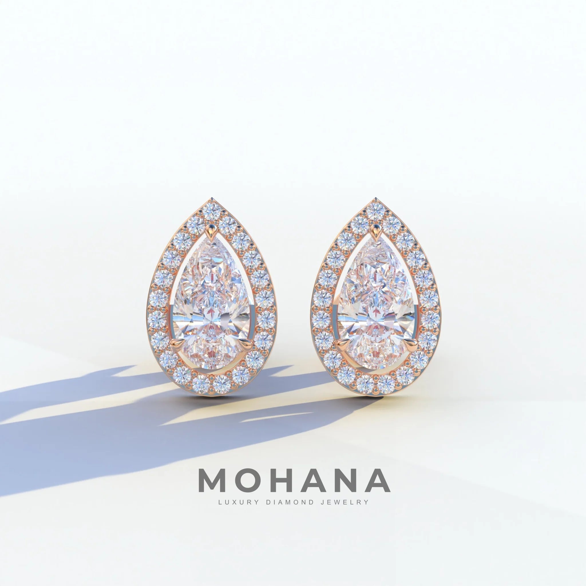 3 Carat Pear Cut Lab Diamond Stud Earrings | Halo Setting - Kelly - 10K Solid Gold / Rose Gold